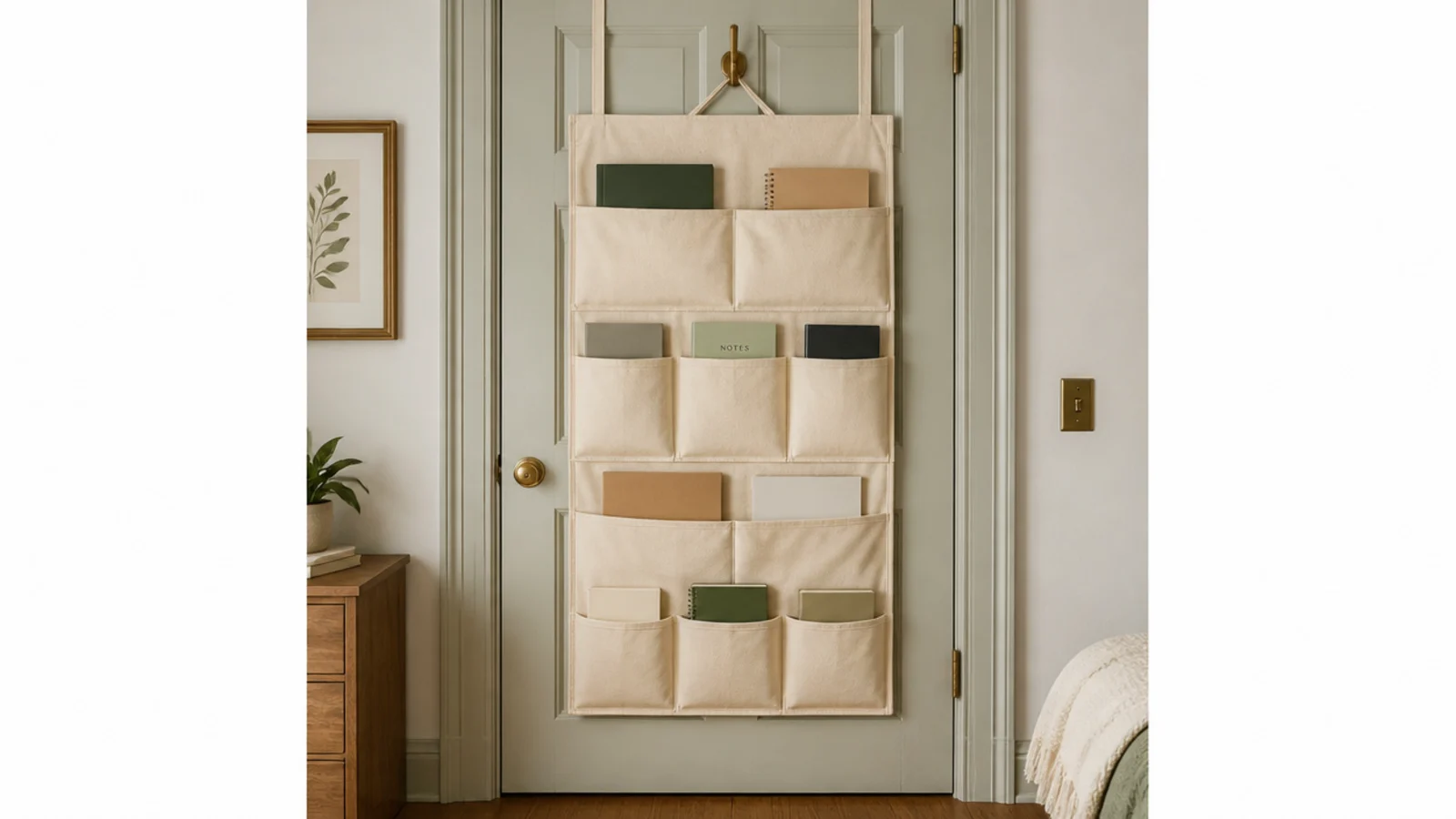 hanging fabric organiser on the back of a bedroom door