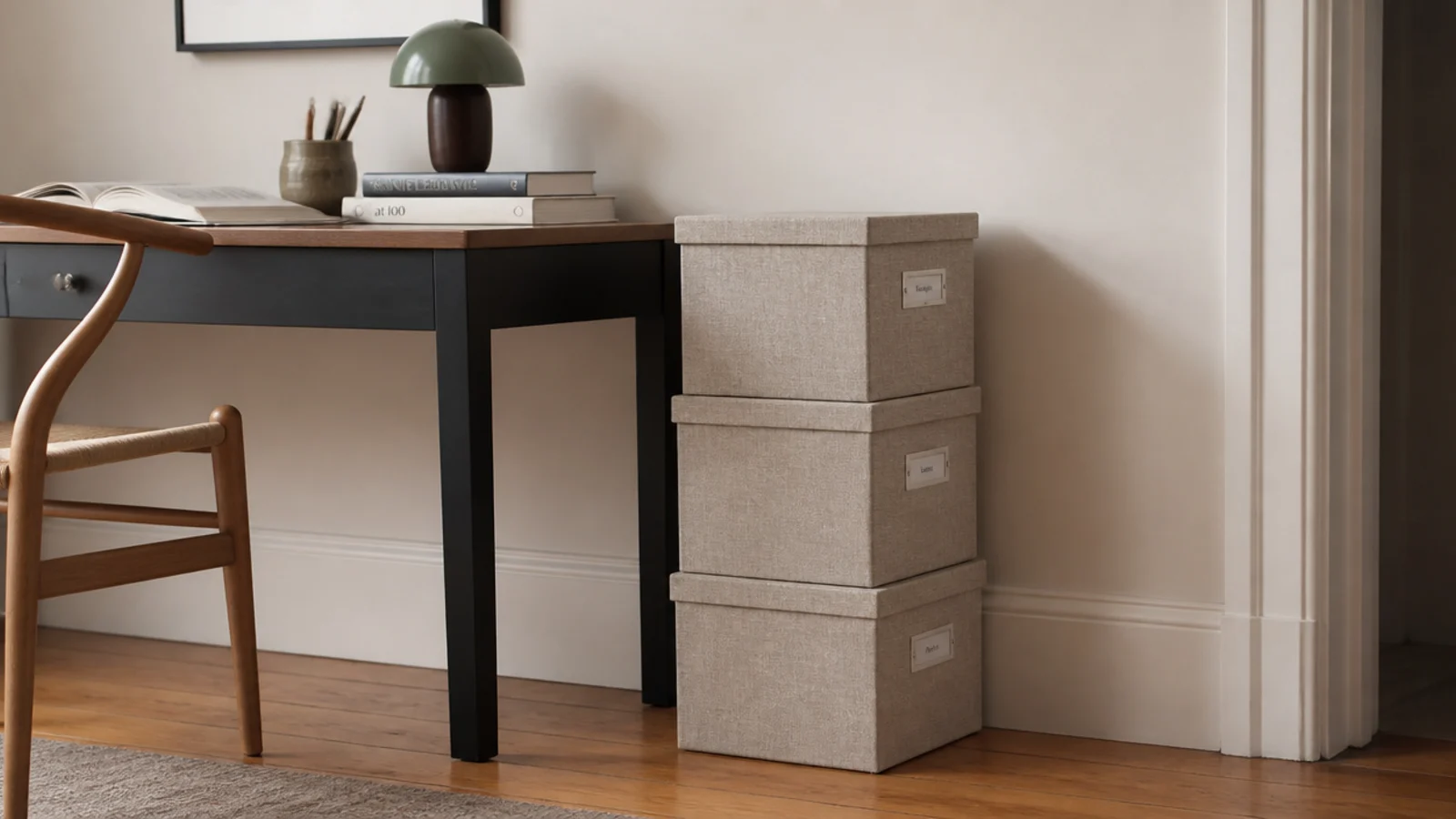 three stacked storage boxes forming a narrow tower beside a desk