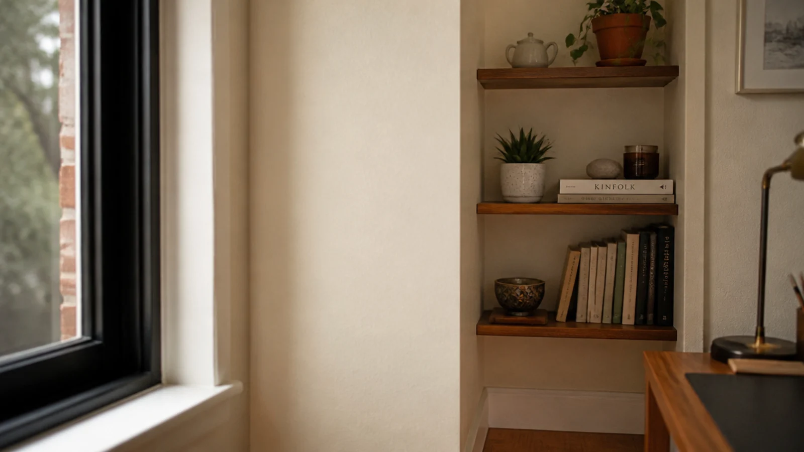 narrow strip of wall beside a window fitted with slim shelves