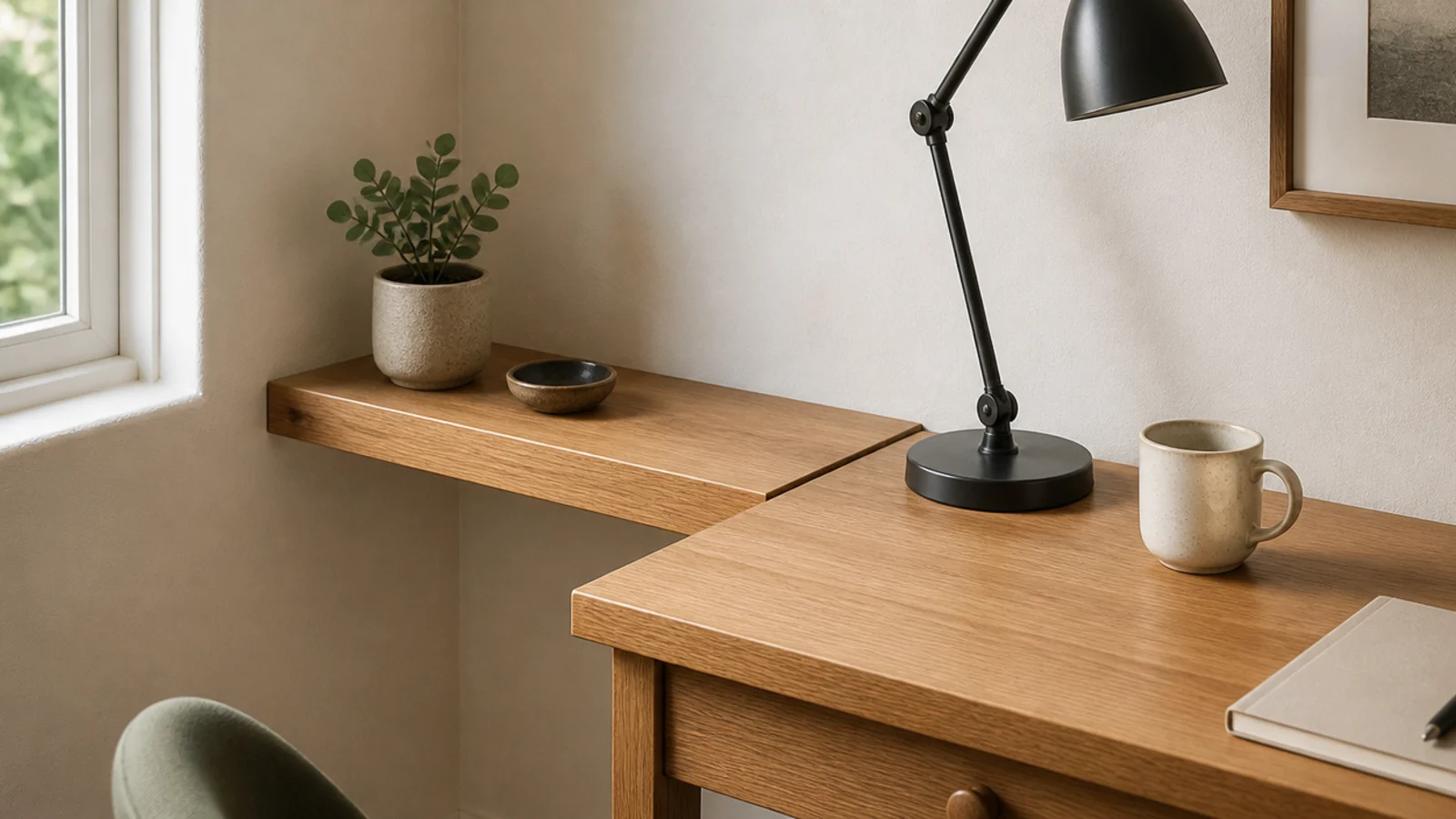 small return shelf at desk height extending the working surface