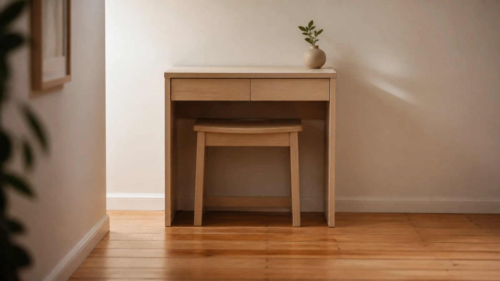 low wooden stool pushed entirely beneath a compact study desk
