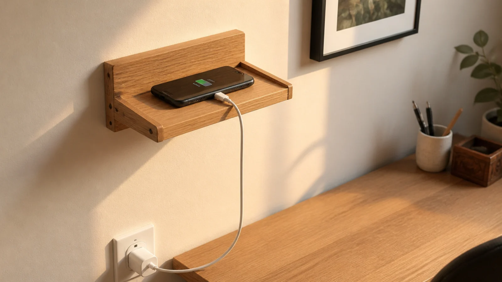 small wall mounted charging shelf holding a phone above a desk