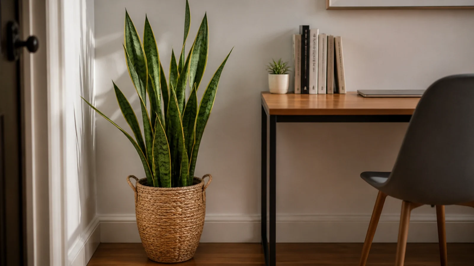 tall floor plant standing beside a small desk in a bedroom