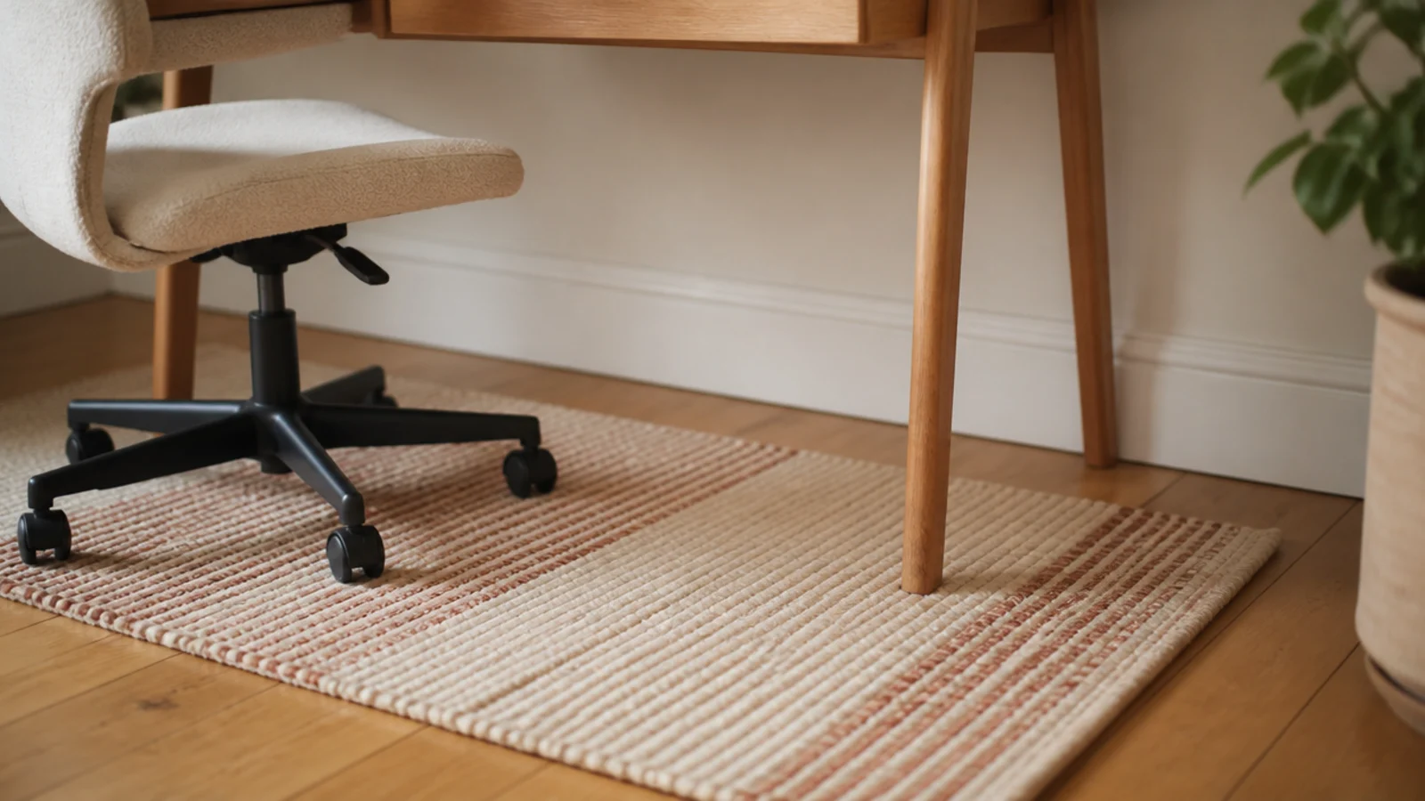 small flat weave rug marking the desk zone in a bedroom
