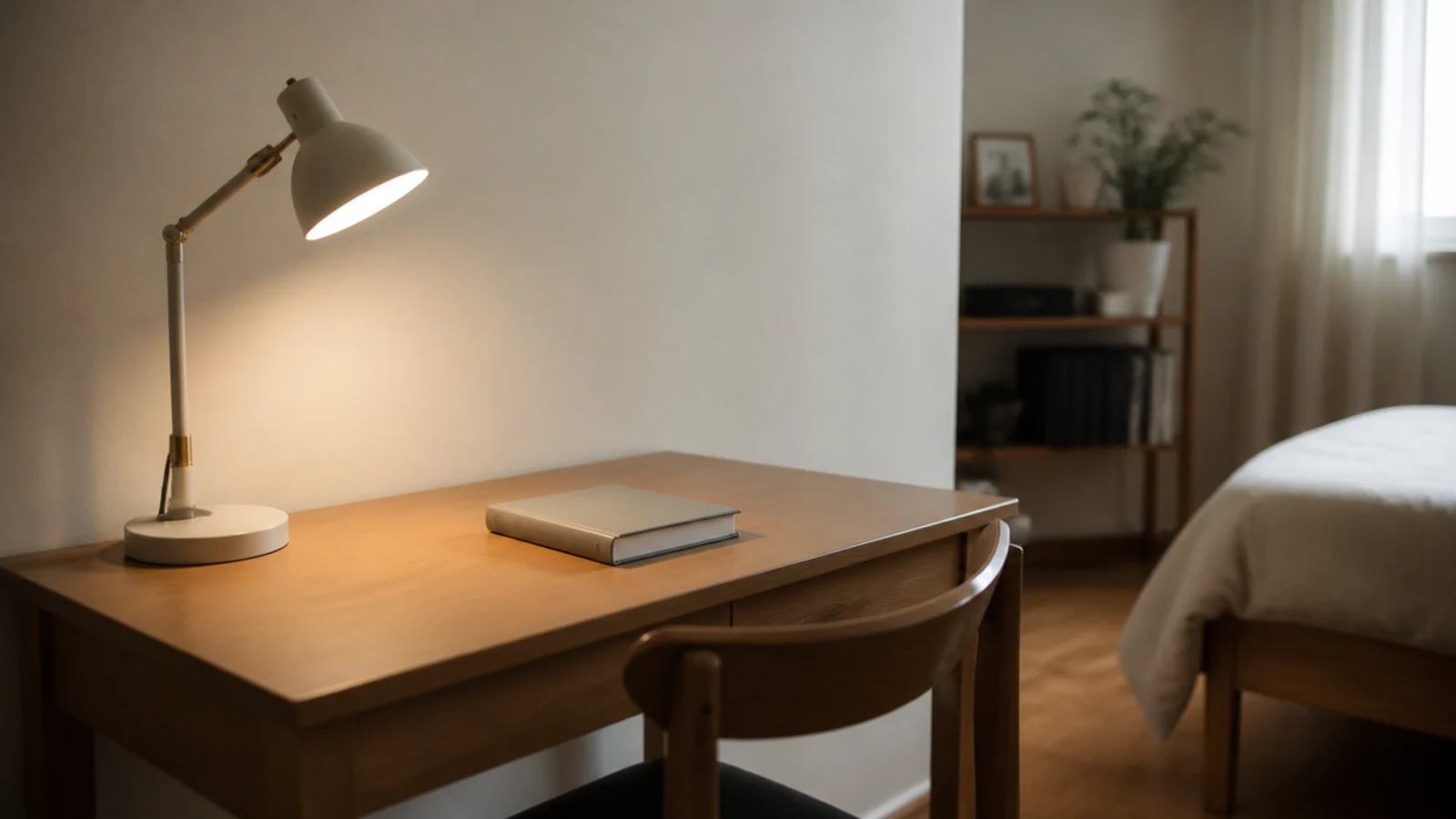 small bedroom desk left clear except for a lamp and book