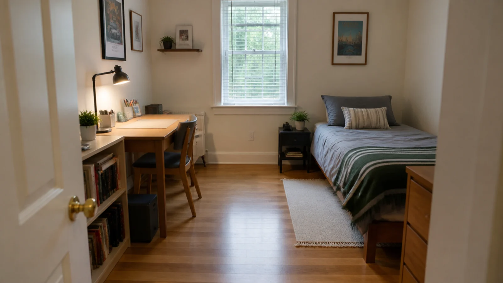 wide doorway view of a small bedroom with a desk in the corner