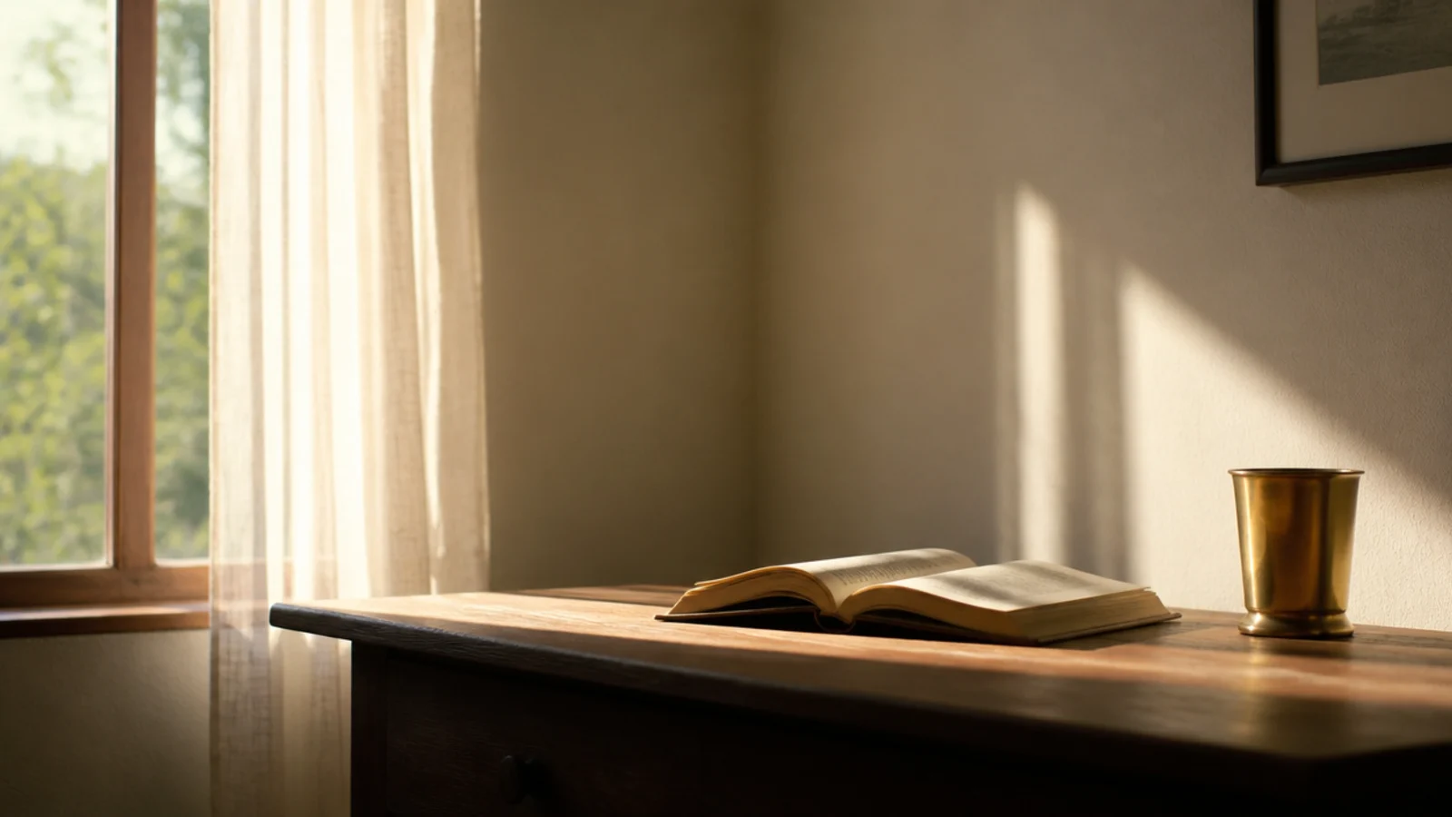 morning sunlight falling sideways across a wooden study desk
