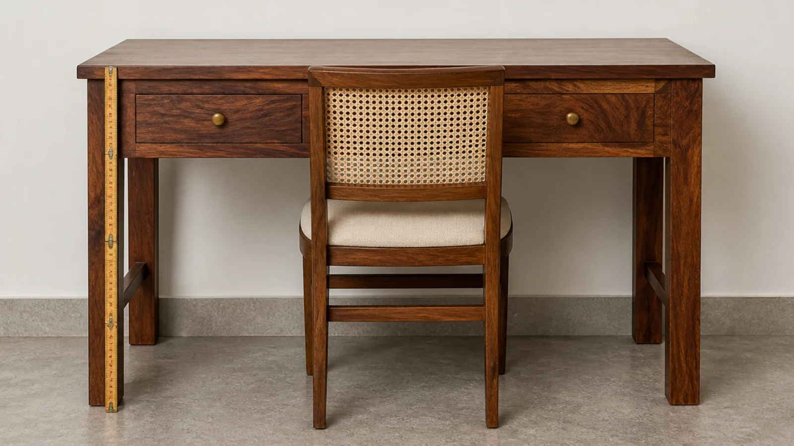 folding rule standing against the side of a solid wooden desk