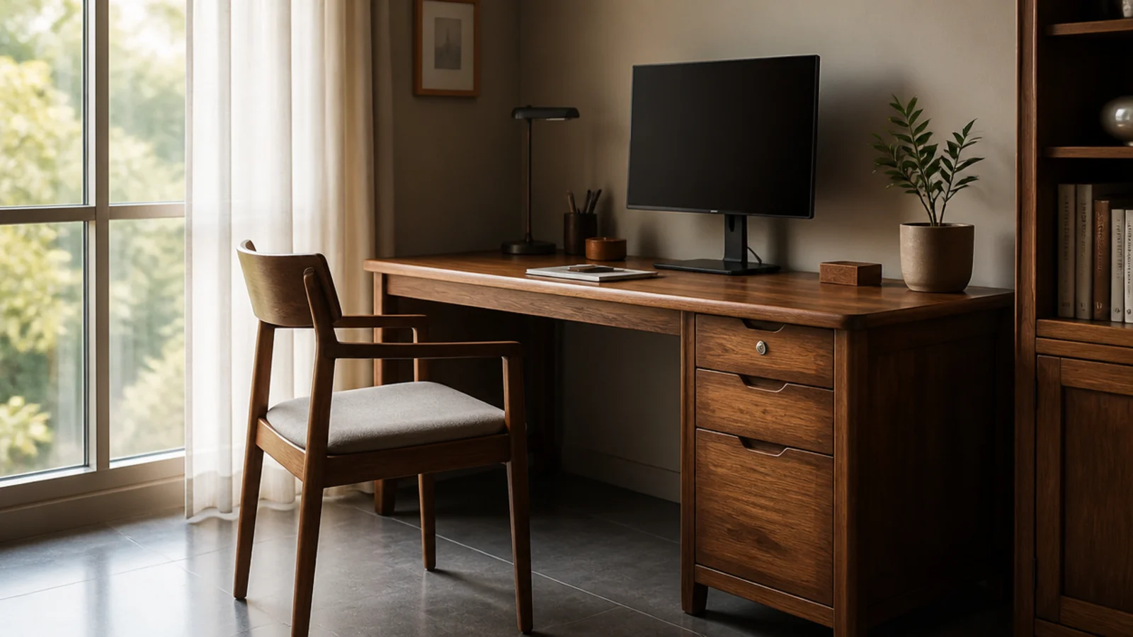wooden study desk placed sideways to a bright window opening