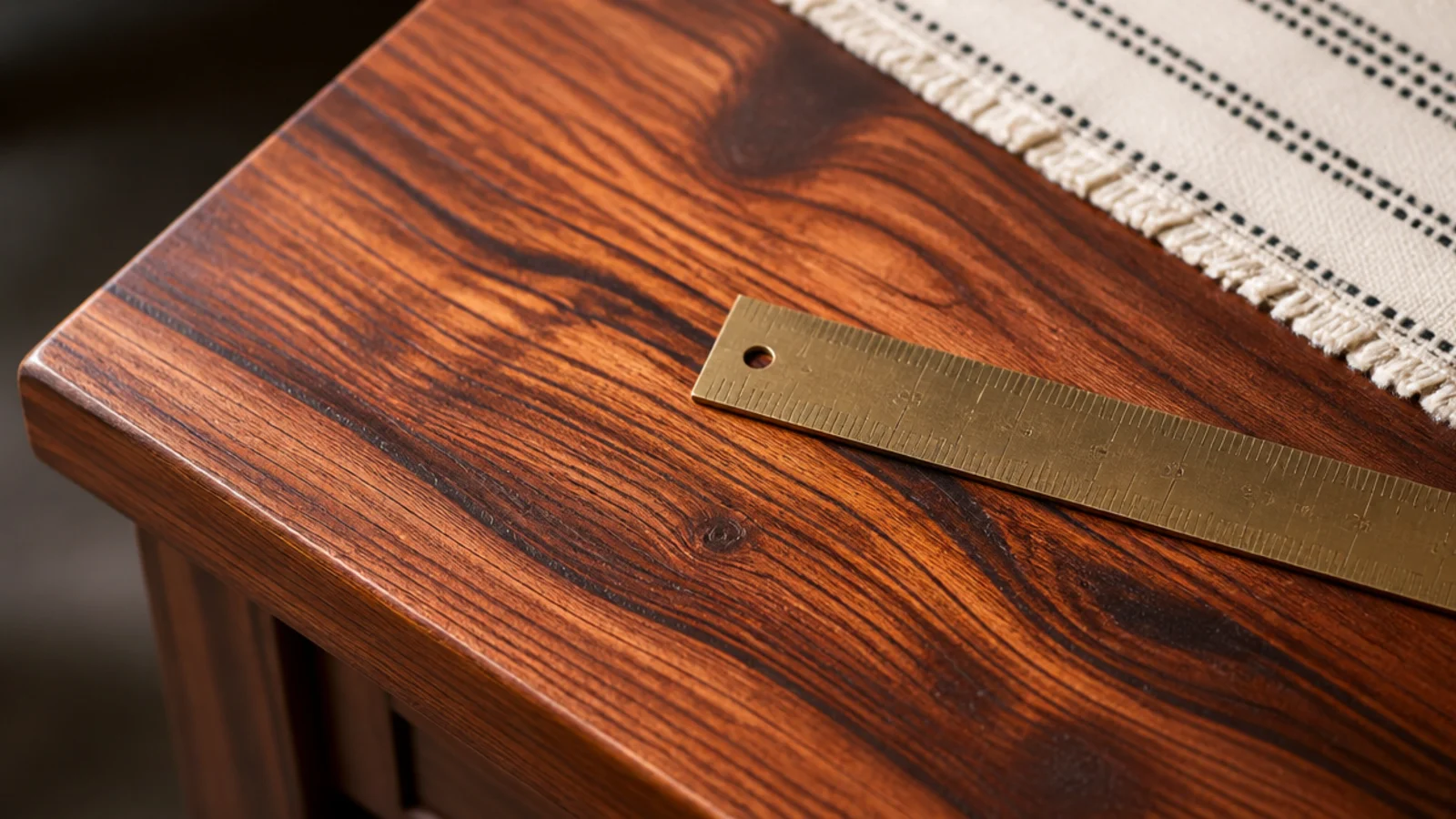 close grain of a solid sheesham desk top with a brass edge