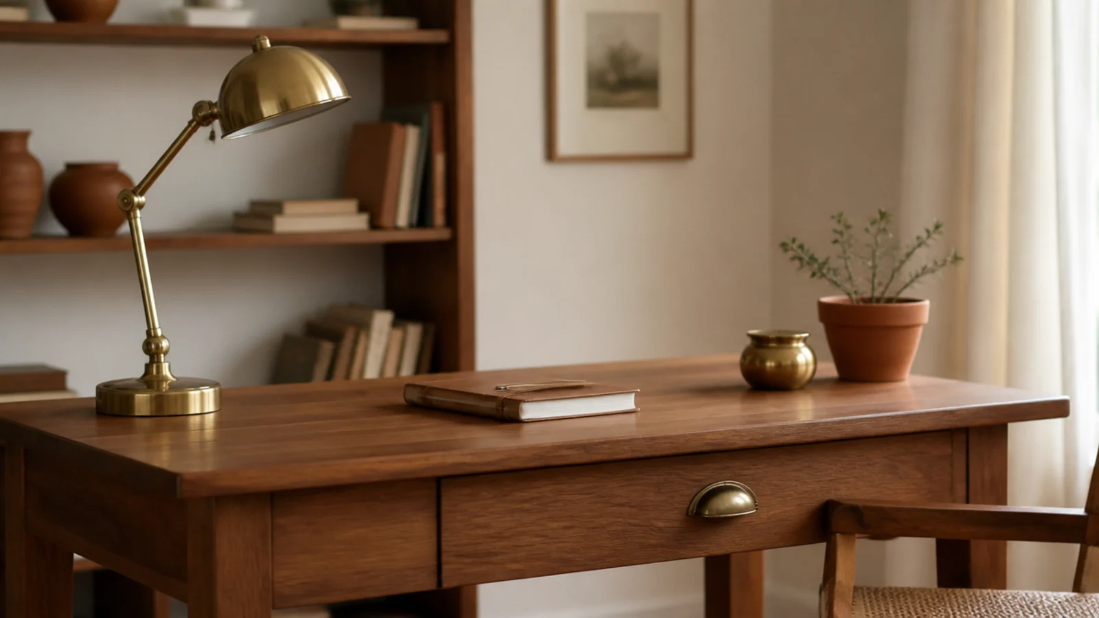 brass lamp brass handle and brass pot across one desk view