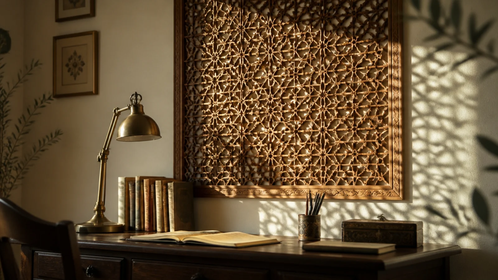 carved wooden jaali screen fixed on the wall behind a desk