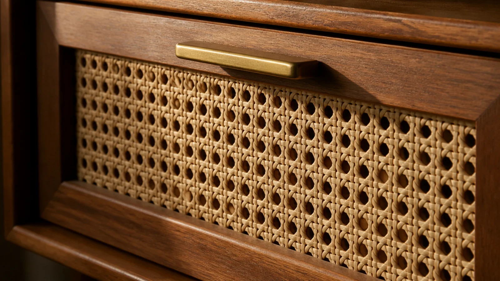 cane webbing panel set into a wooden desk drawer front