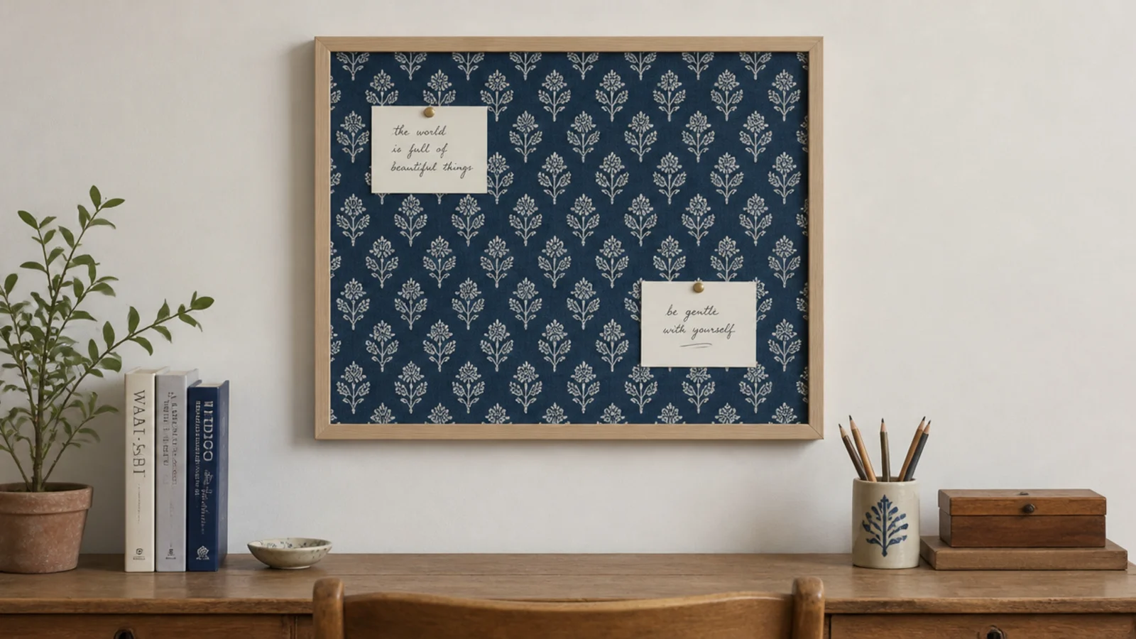 block printed cotton stretched over a pinboard above a desk