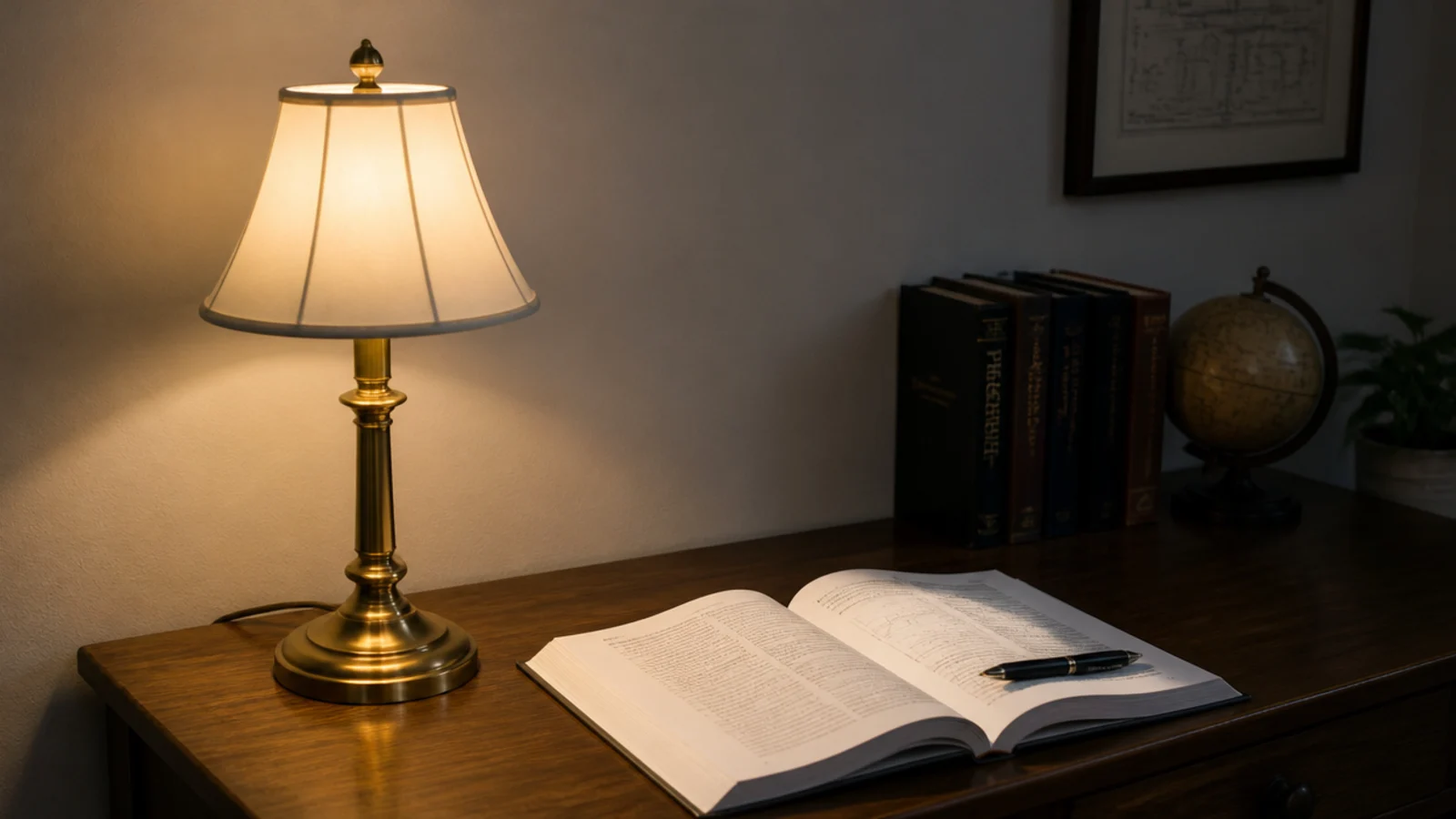 brass desk lamp with a fabric shade lighting an open textbook