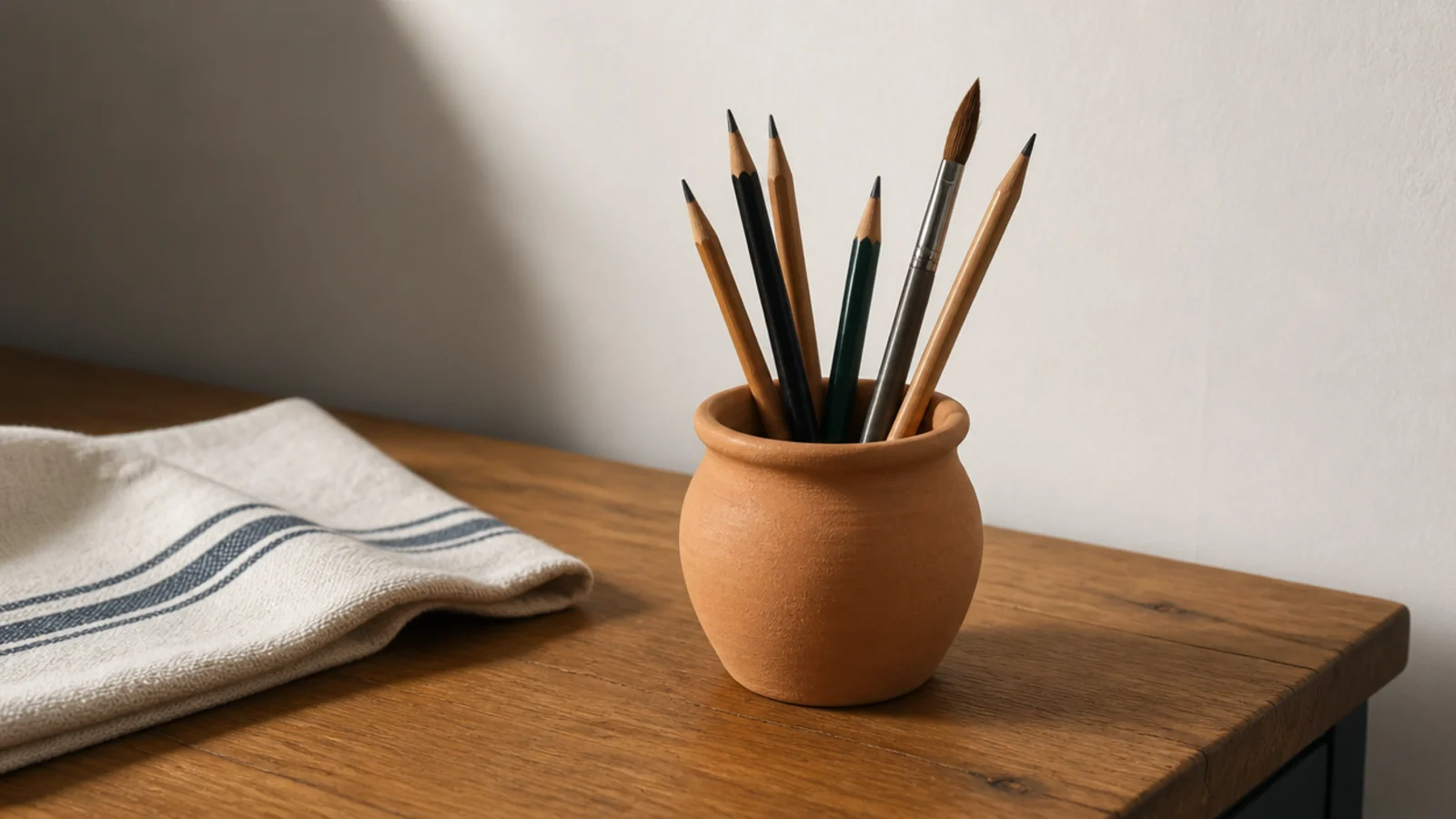 unglazed terracotta pot holding pencils on a wooden study desk