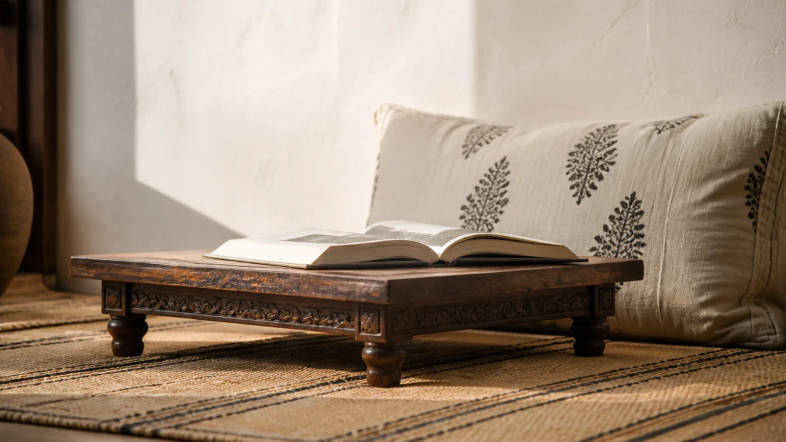 low wooden chowki with a cushion set against a plastered wall