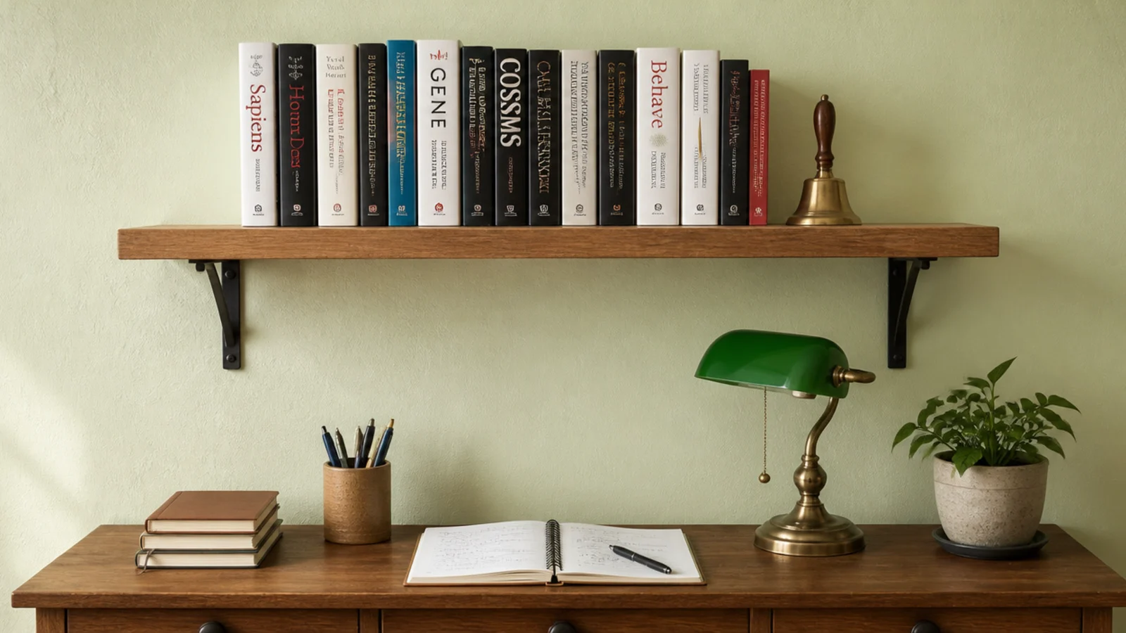 wooden wall shelf above a desk holding upright textbooks