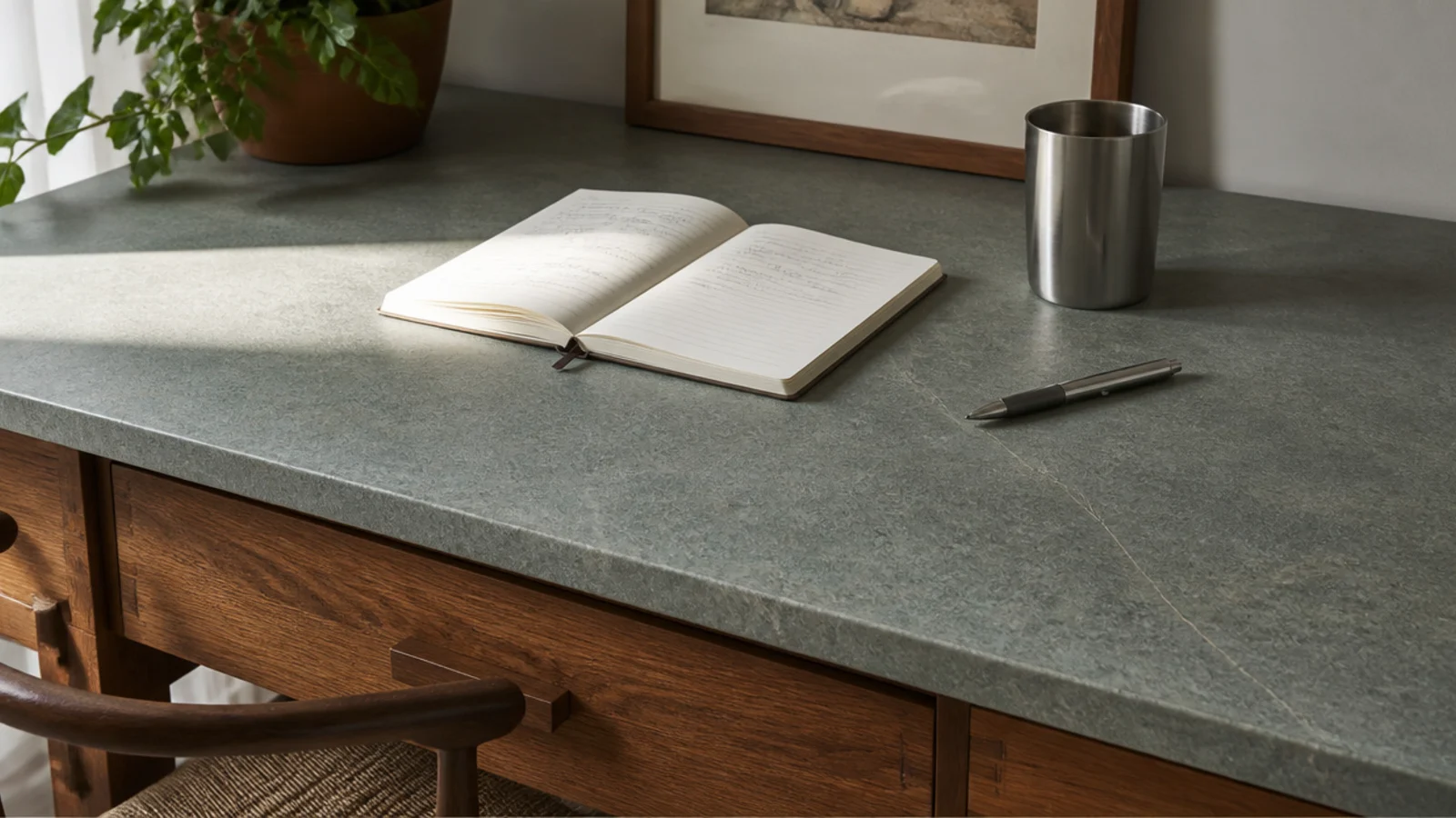 kota stone desk surface staying cool beneath an open notebook