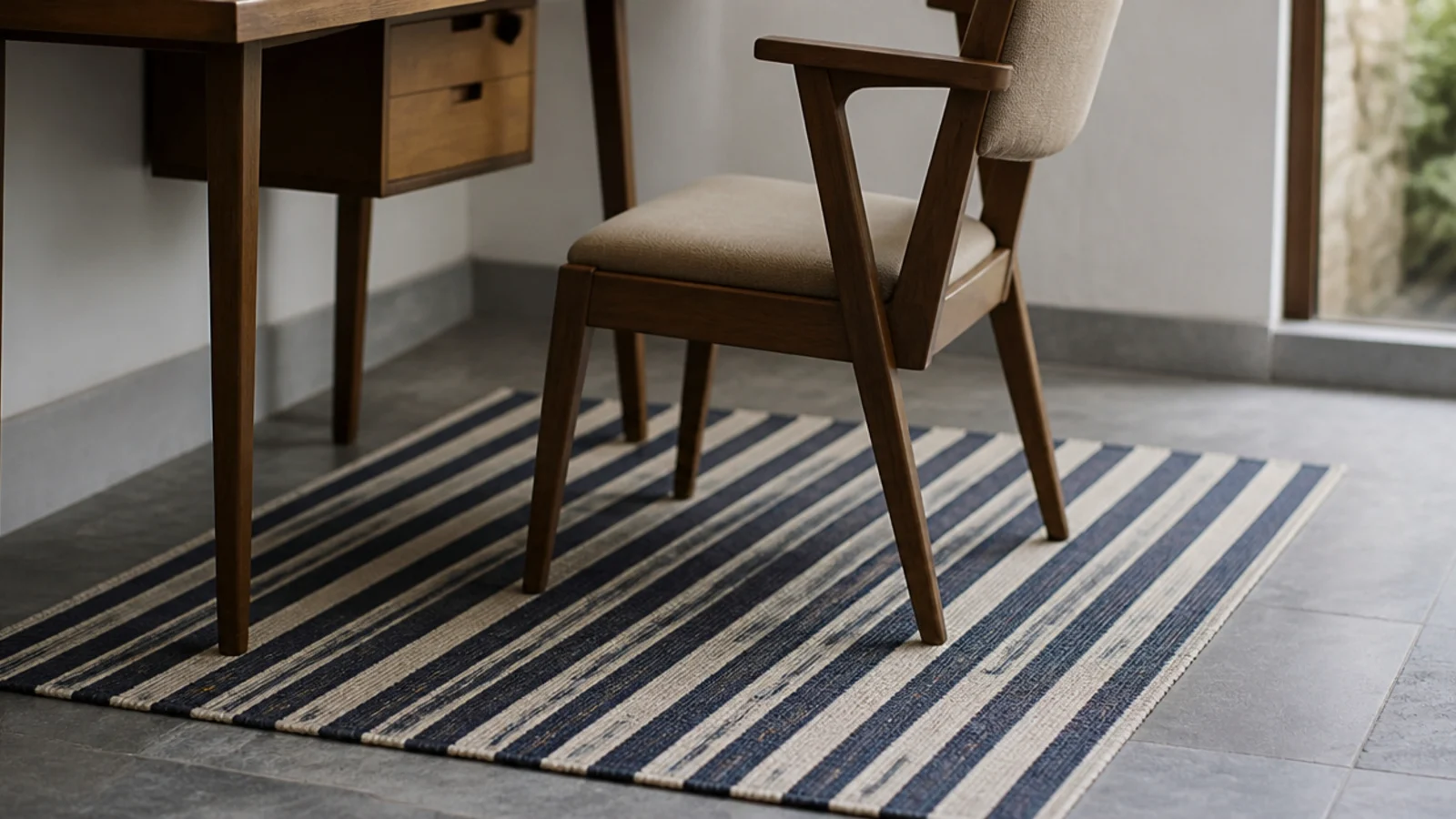 striped cotton handloom durrie beneath a study chair and desk