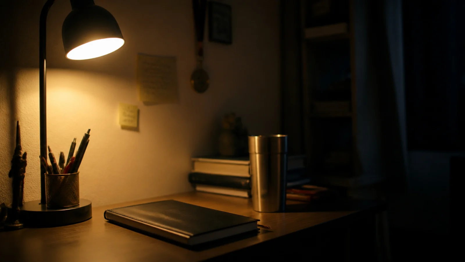warm lamp glow on a wooden desk in a dark evening room