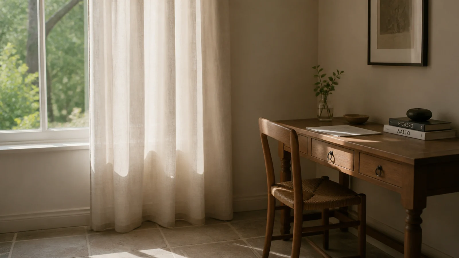 thin cotton curtain diffusing bright daylight beside a desk