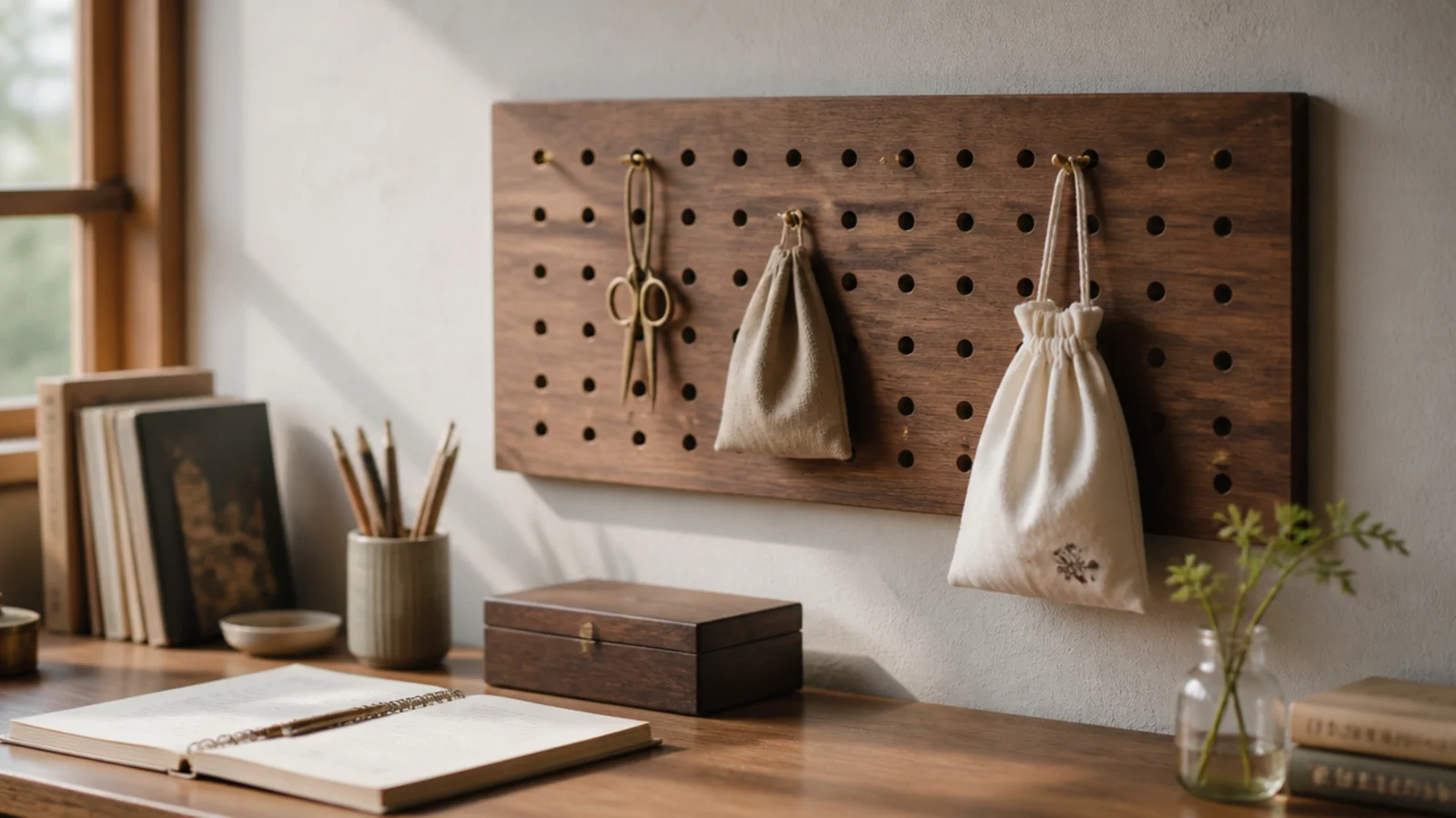 timber pegboard with brass hooks above a solid wooden desk