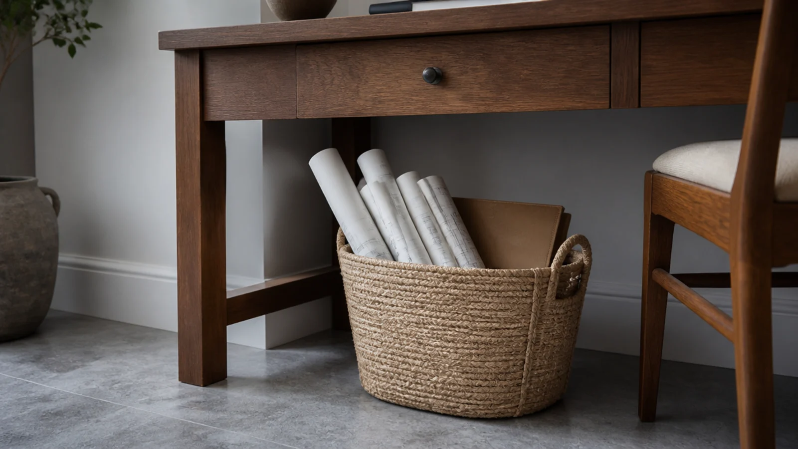 woven jute basket tucked under a wooden desk holding papers