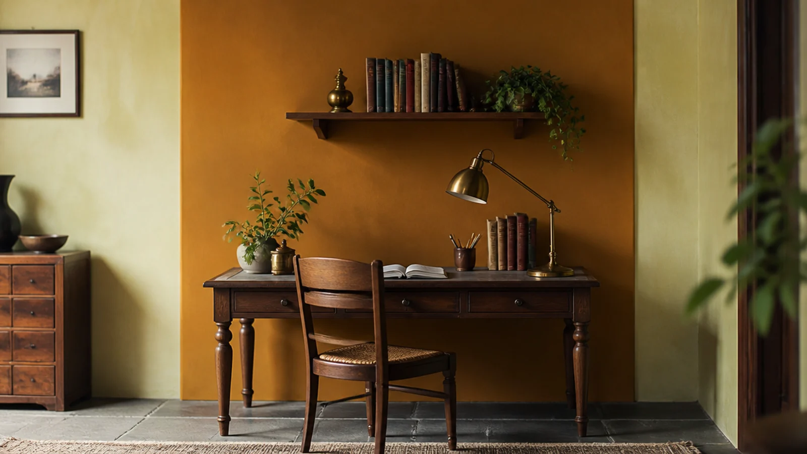 deep ochre painted panel behind a wooden study desk and shelf