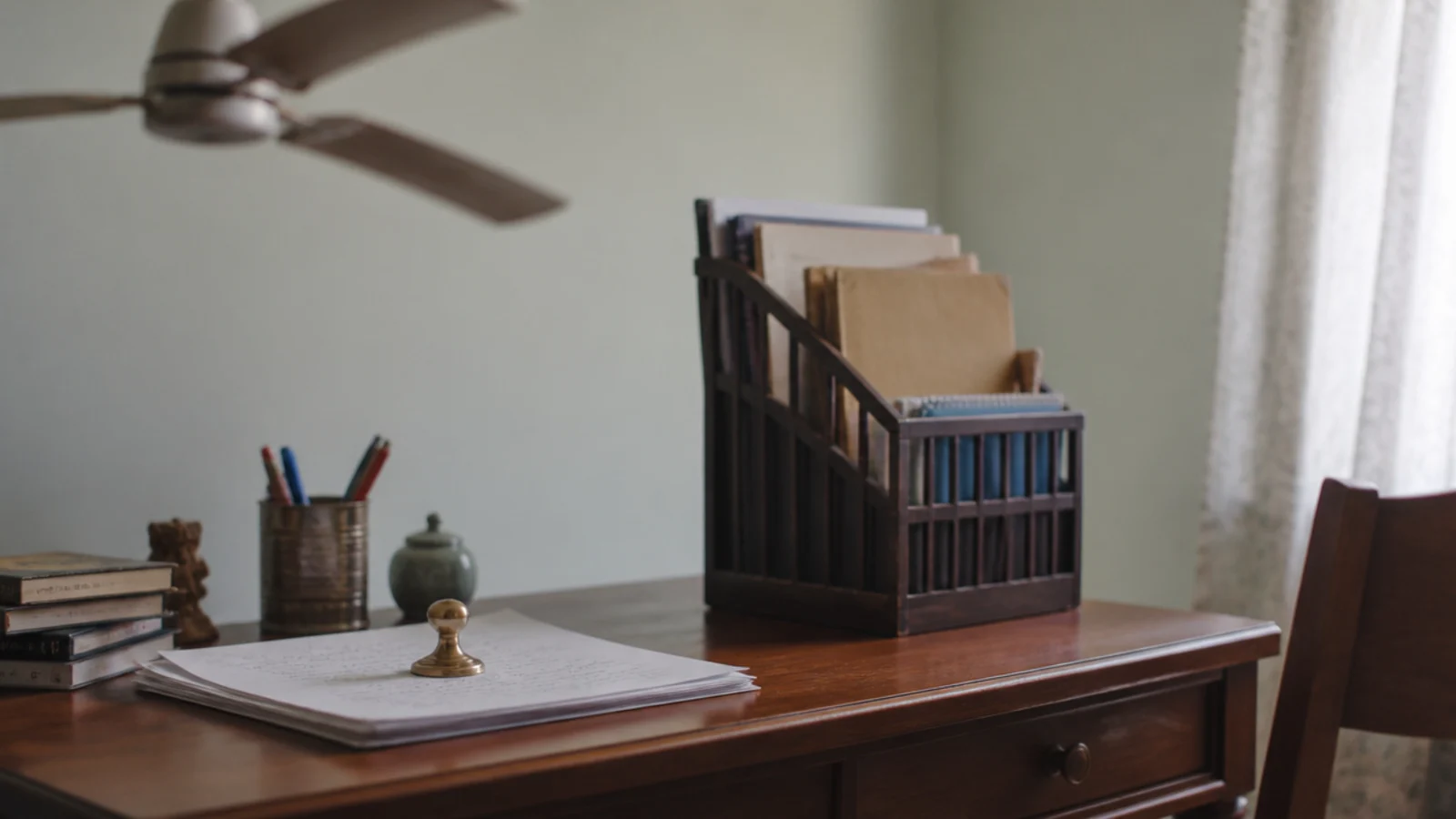 weighted paper and a file rack on a desk under a ceiling fan