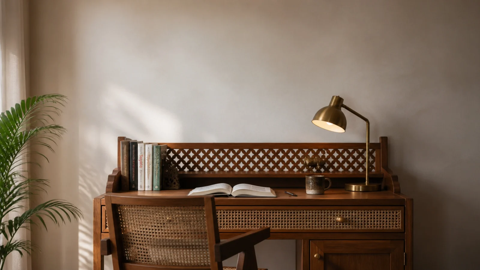 tall indian study desk view in teak with brass lamp and jaali panel