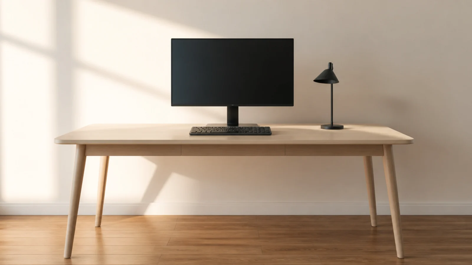 pared back desk holding only a monitor keyboard and small lamp