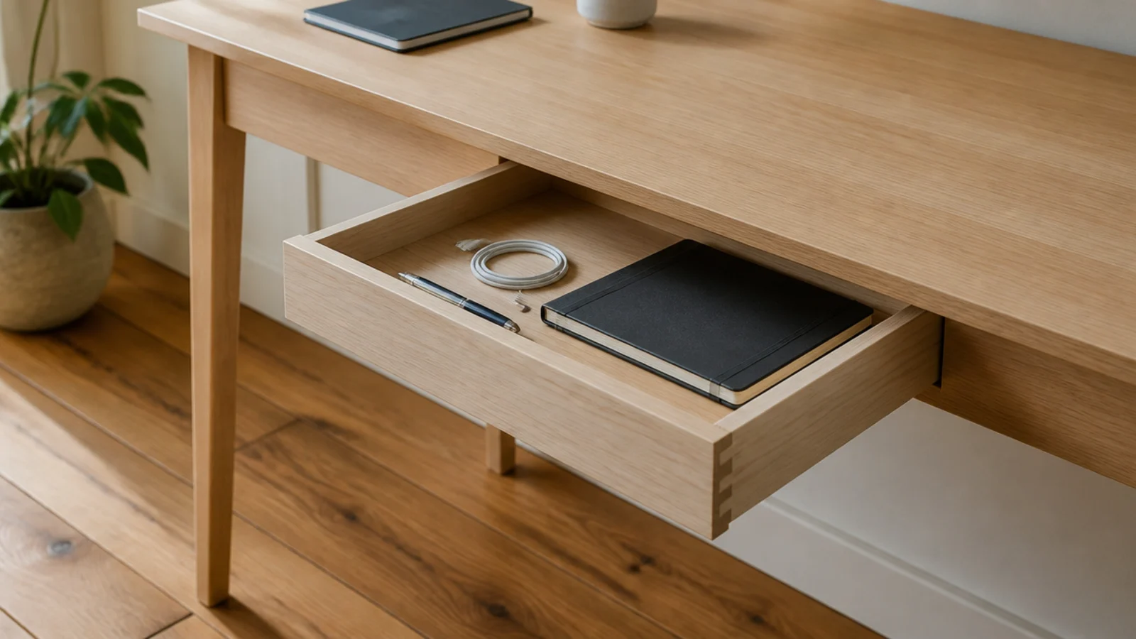 single shallow drawer under a plain desk pulled slightly open