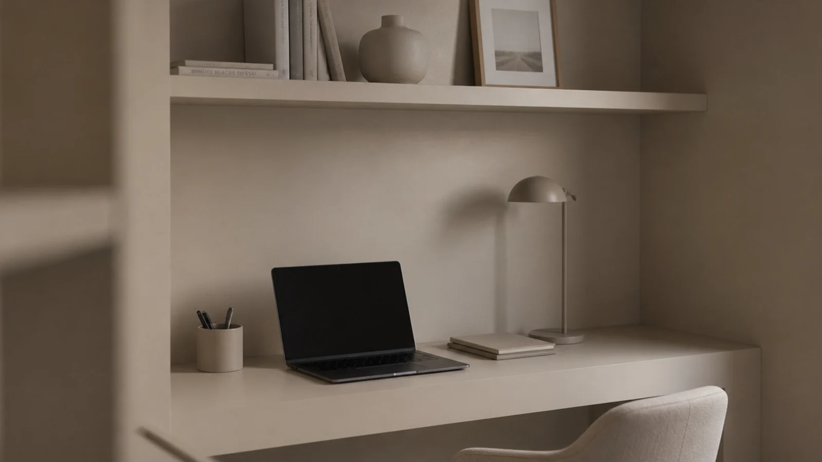 desk shelf and wall finished in one matching pale colour
