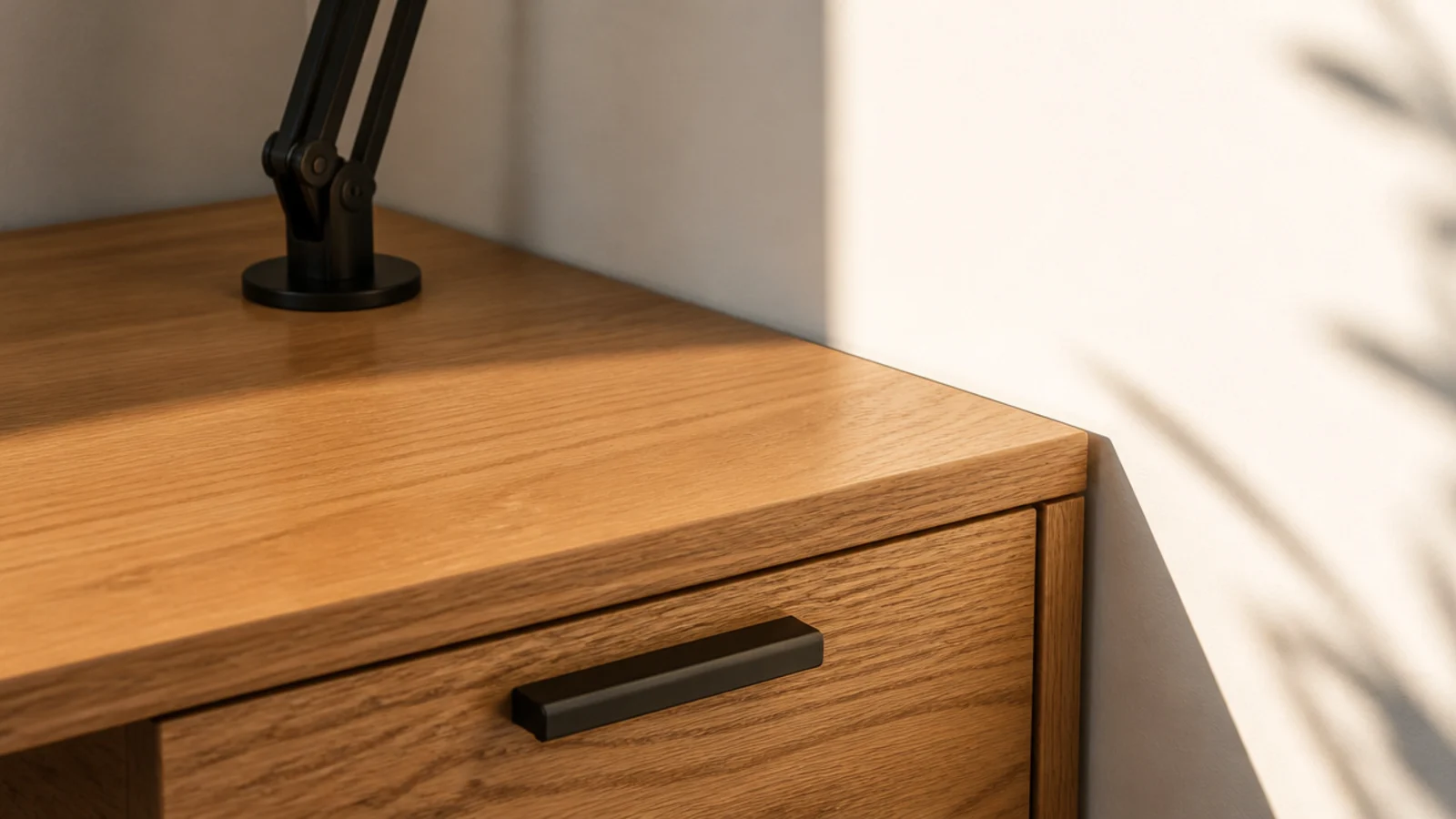 warm wood desk against a white wall with black hardware only