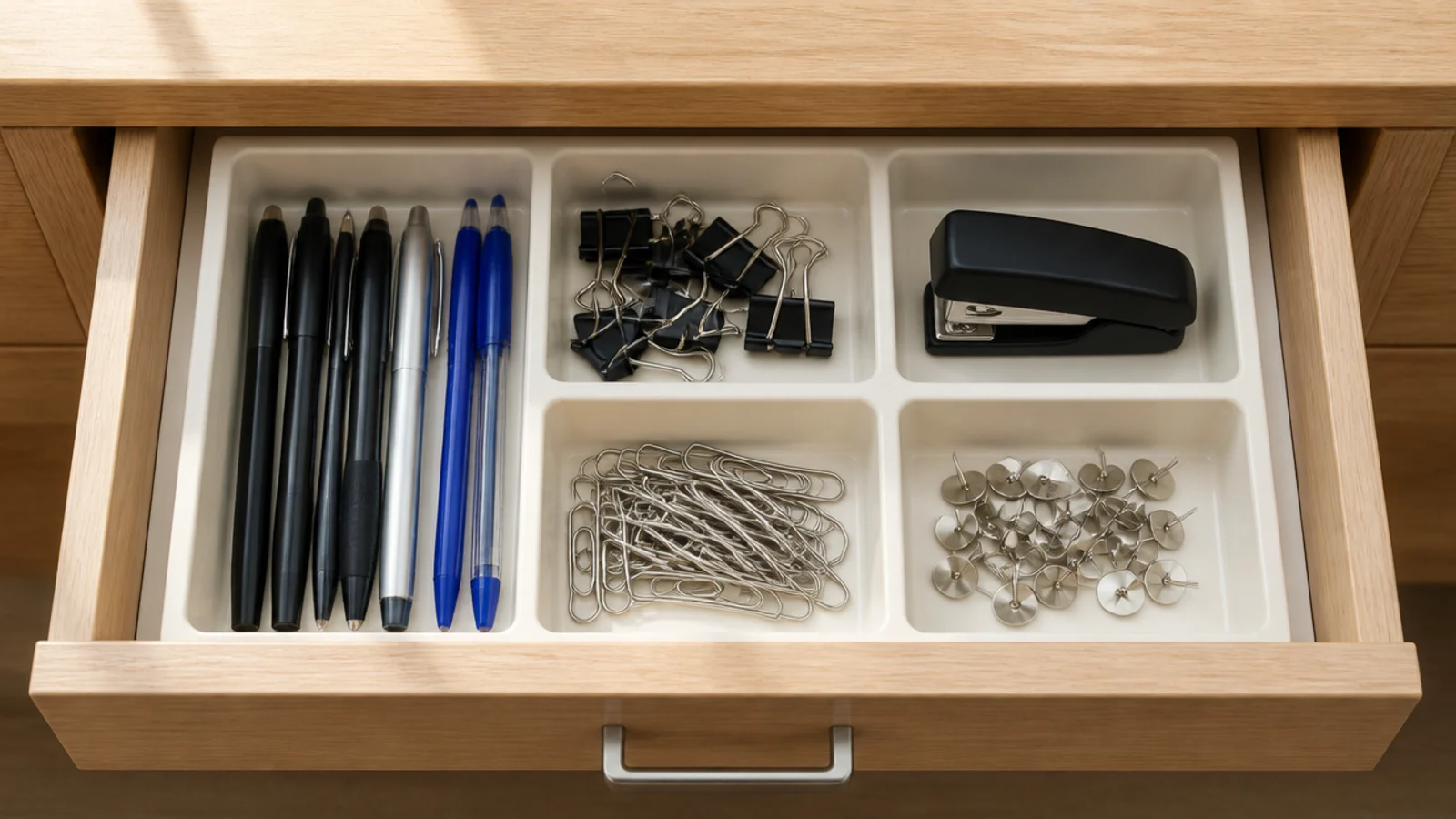 shallow drawer with a divided insert holding sorted stationery