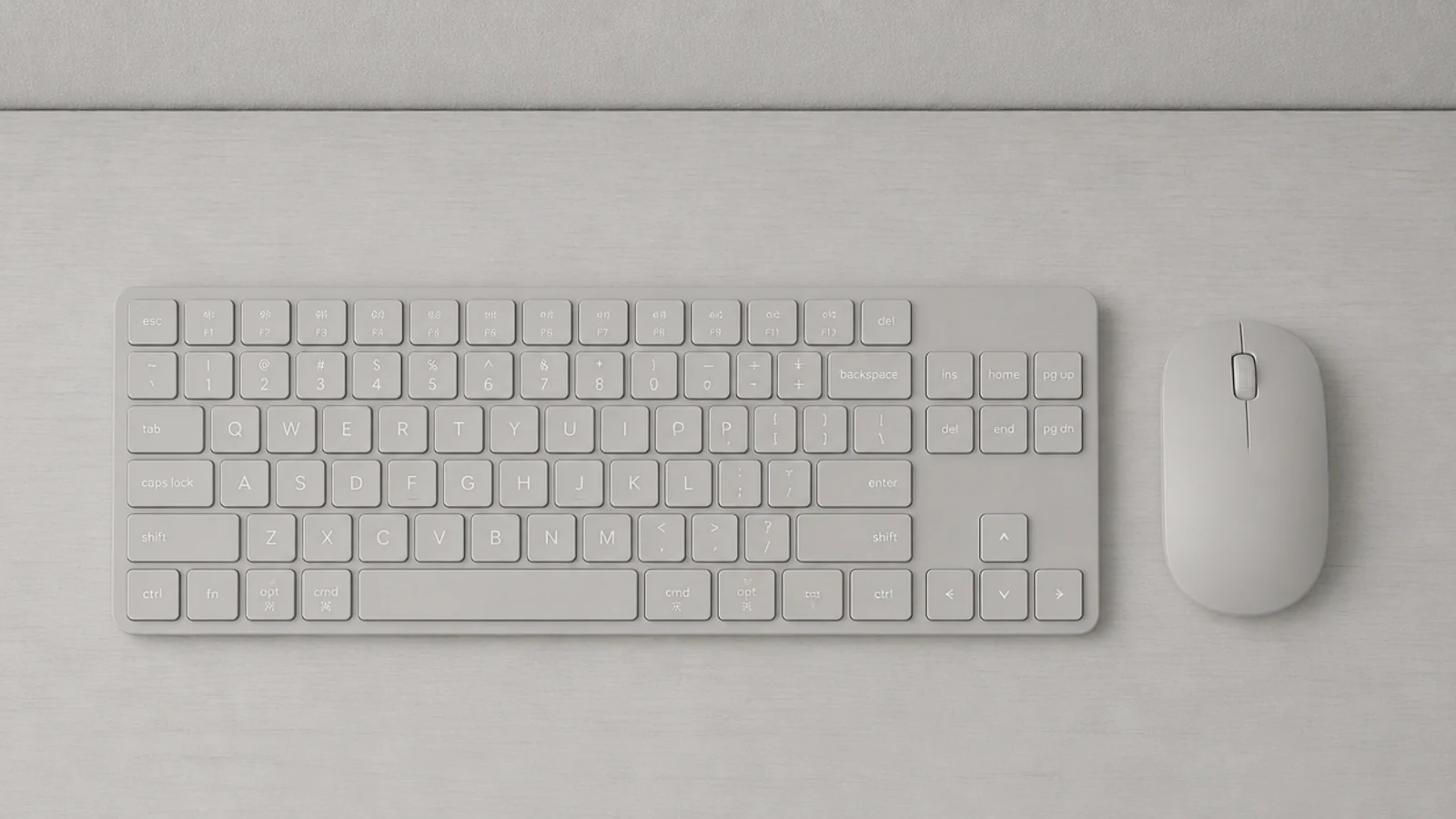 pale keyboard and mouse blending into a light timber desk