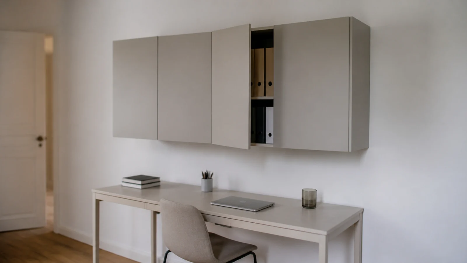 plain wall cabinet with flat doors above a minimalist desk