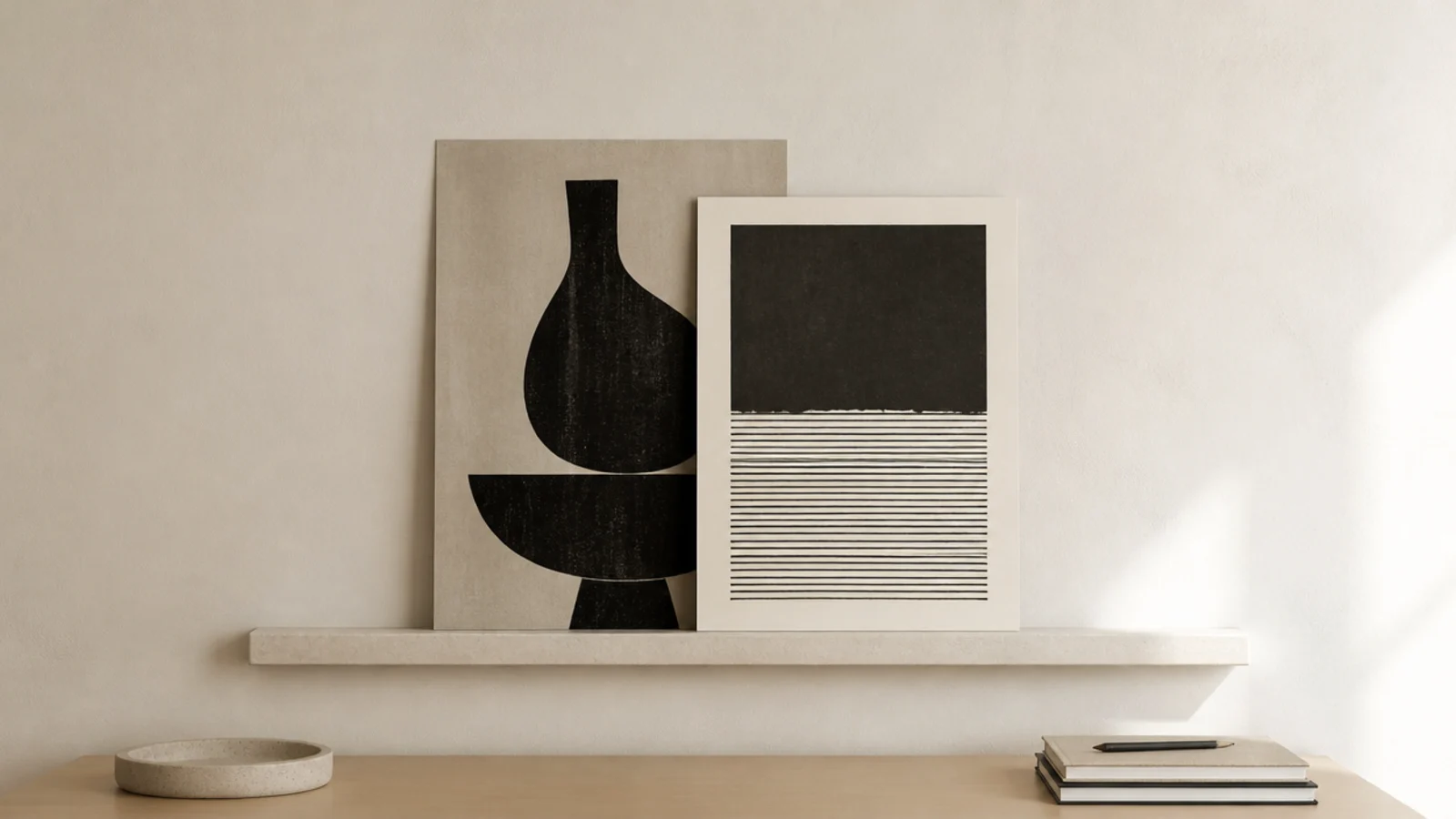 unframed prints leaning on a narrow ledge above a plain desk