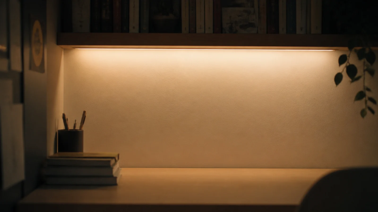 soft light glowing from beneath a shelf onto a pale wall