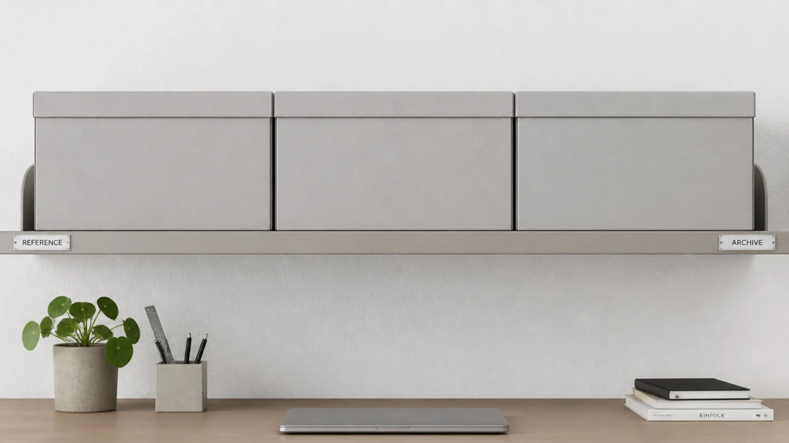 three identical plain storage boxes lined up on a shelf