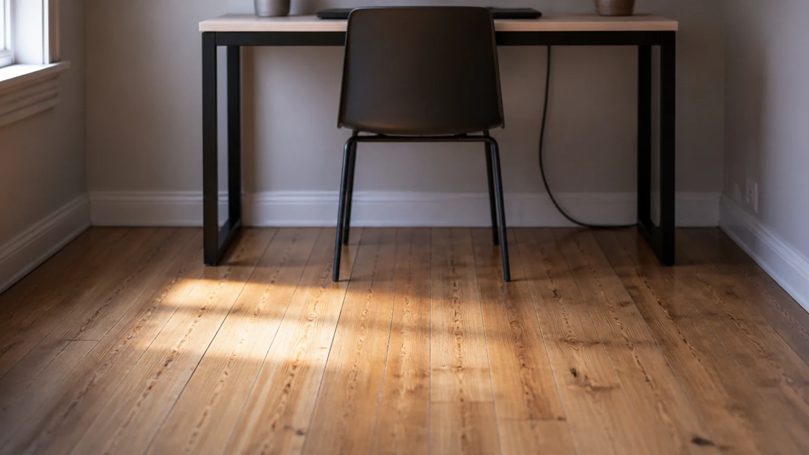empty floor space under a desk where a printer used to sit