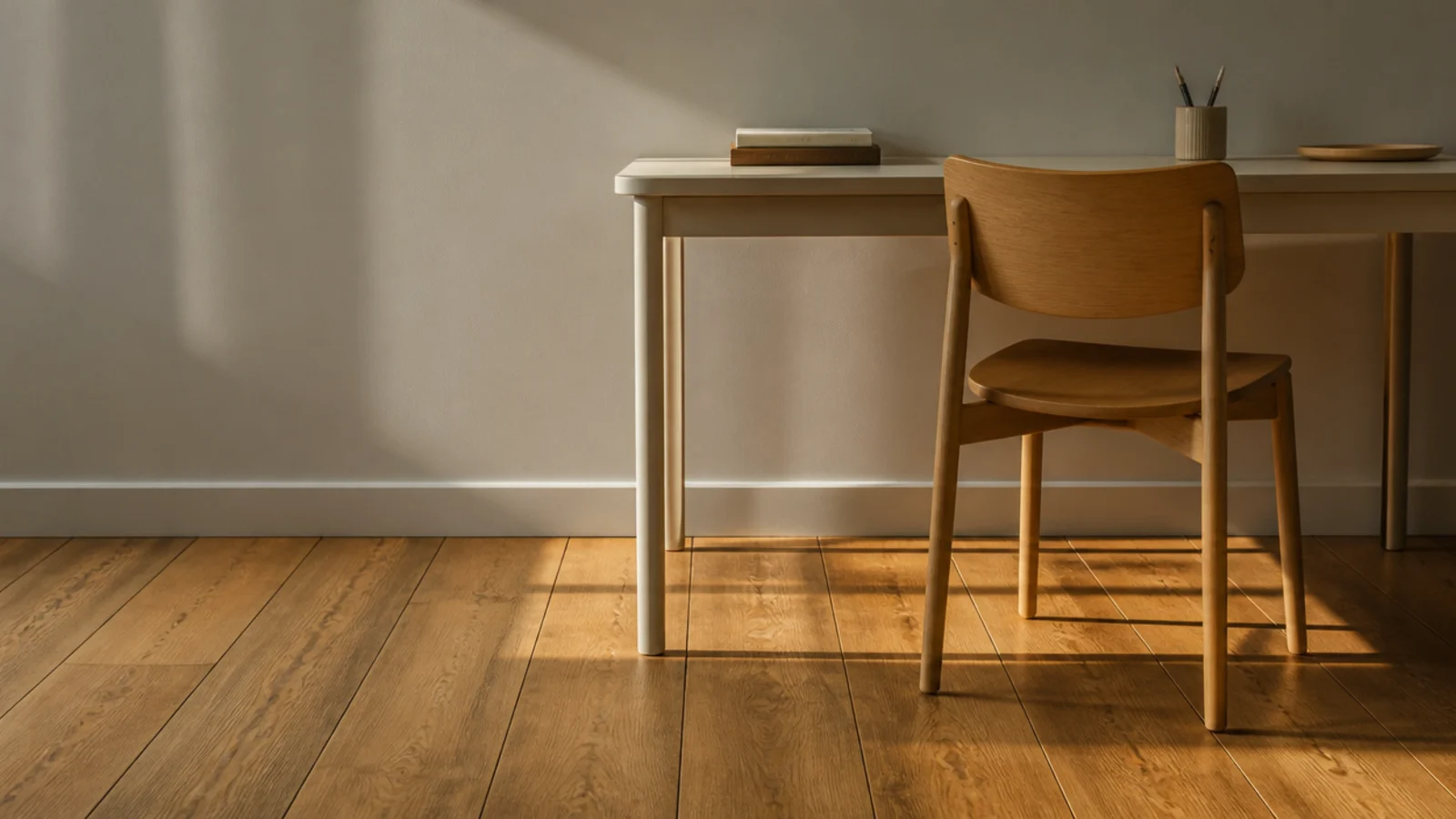 bare timber floor beneath a plain desk with no rug at all