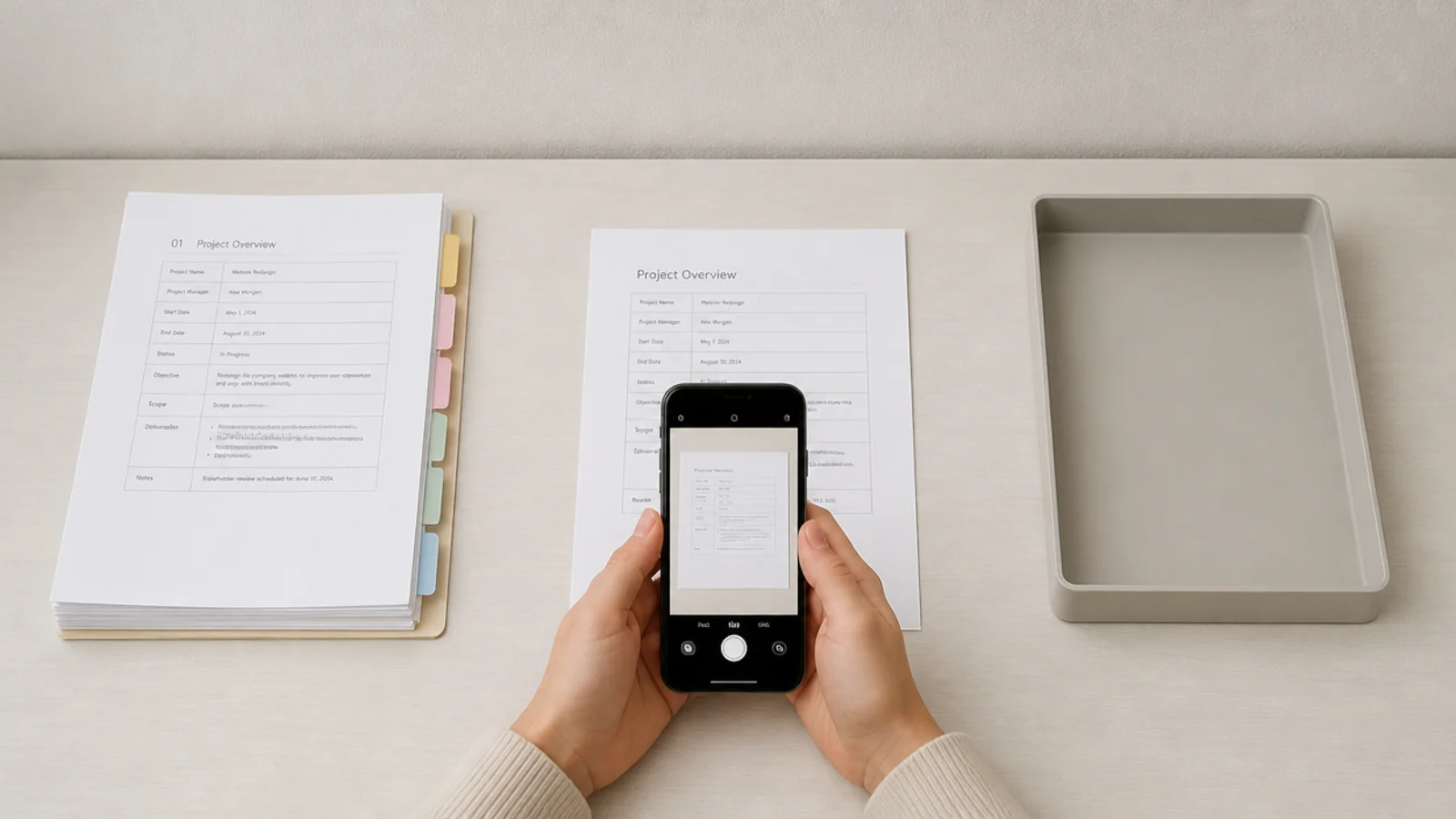 small sorted paper stack beside a phone scanning a document