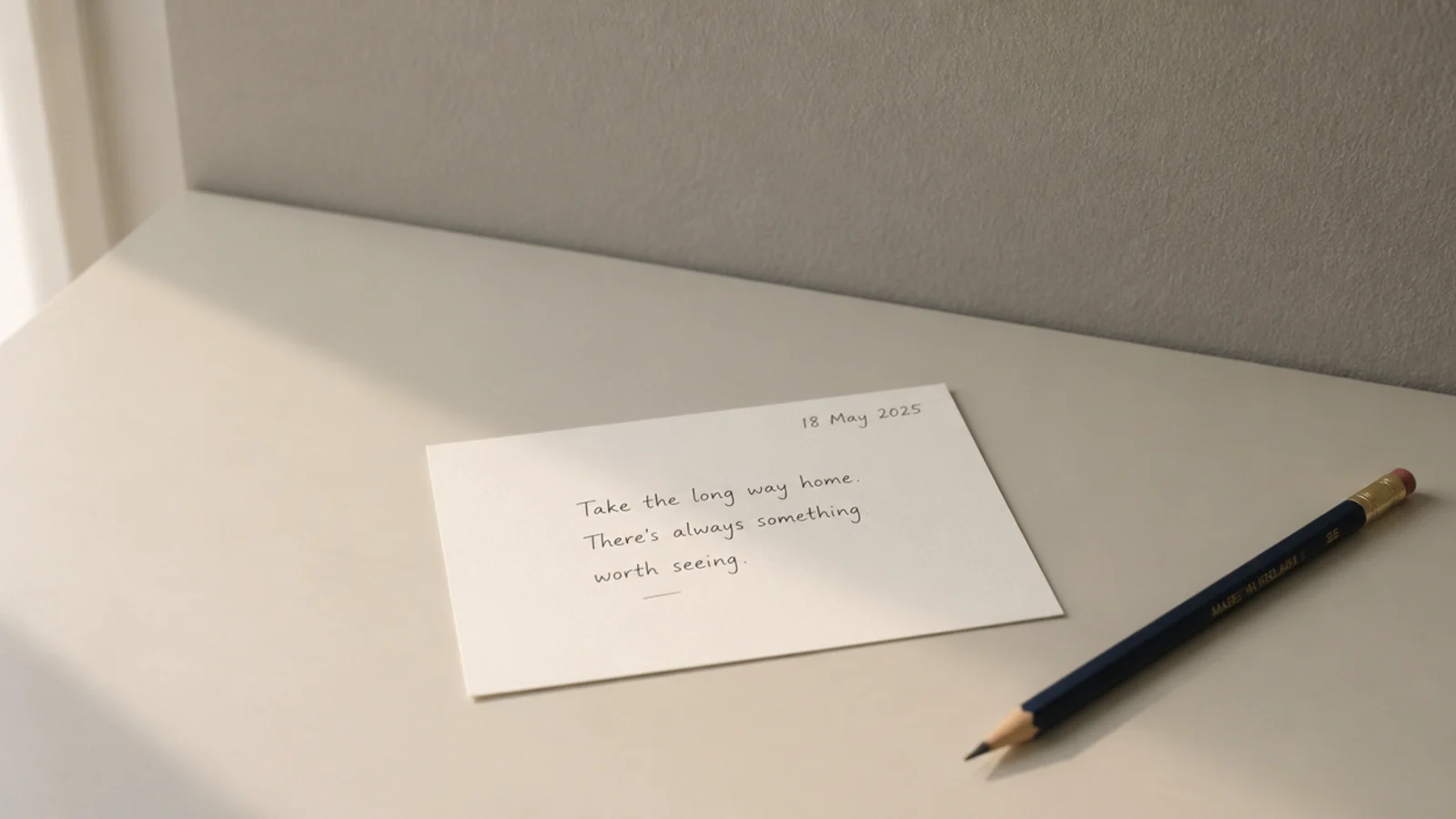 small written note on a bare desk listing one wanted item