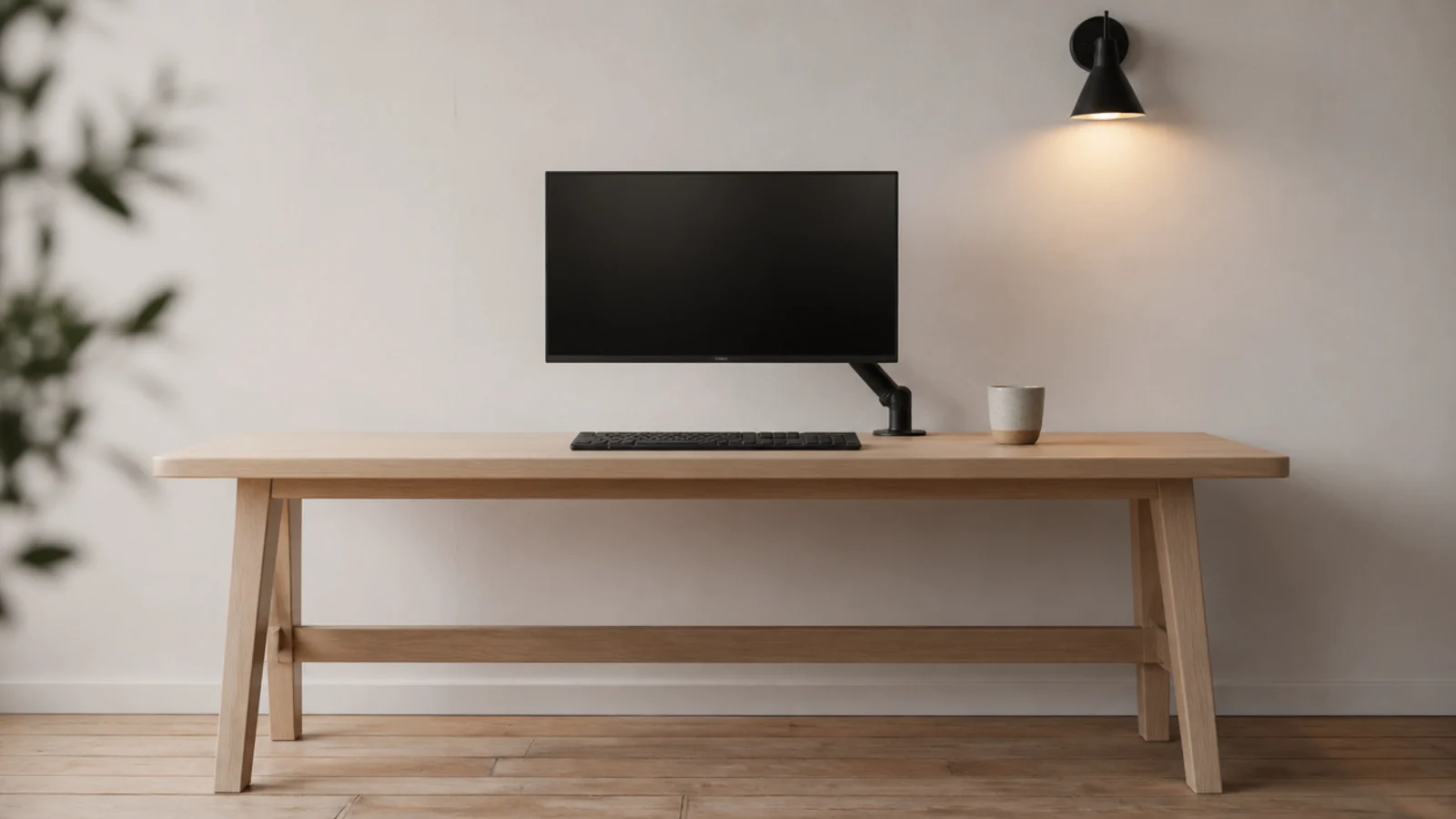 minimalist study desk with a bare oak top and one wall lamp
