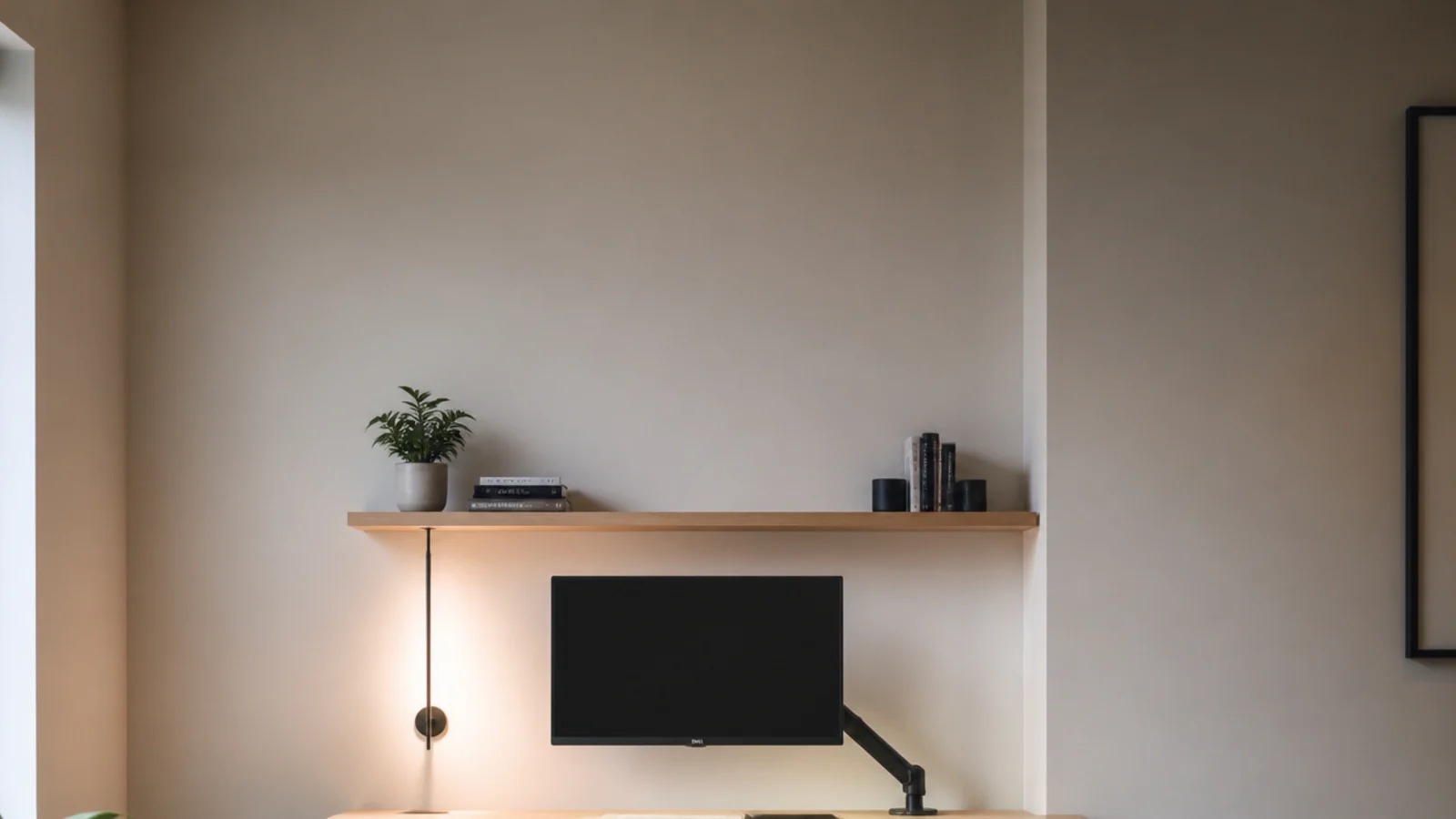 tall minimalist study desk view with bare top wall lamp and shelf