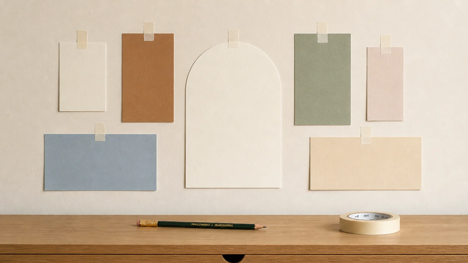 paper templates taped to a wall above a desk before hanging