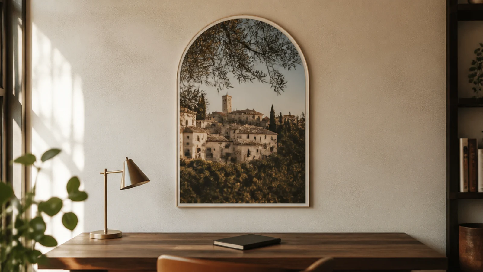 single arch topped print centred on the wall above a desk