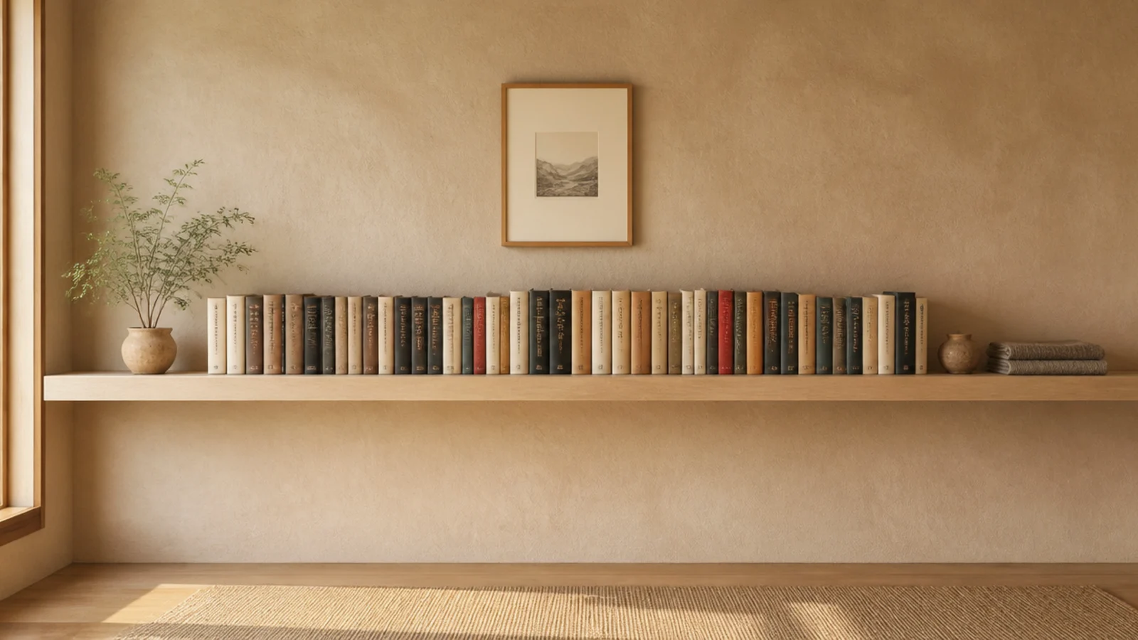 long shelf above a desk holding one continuous row of objects
